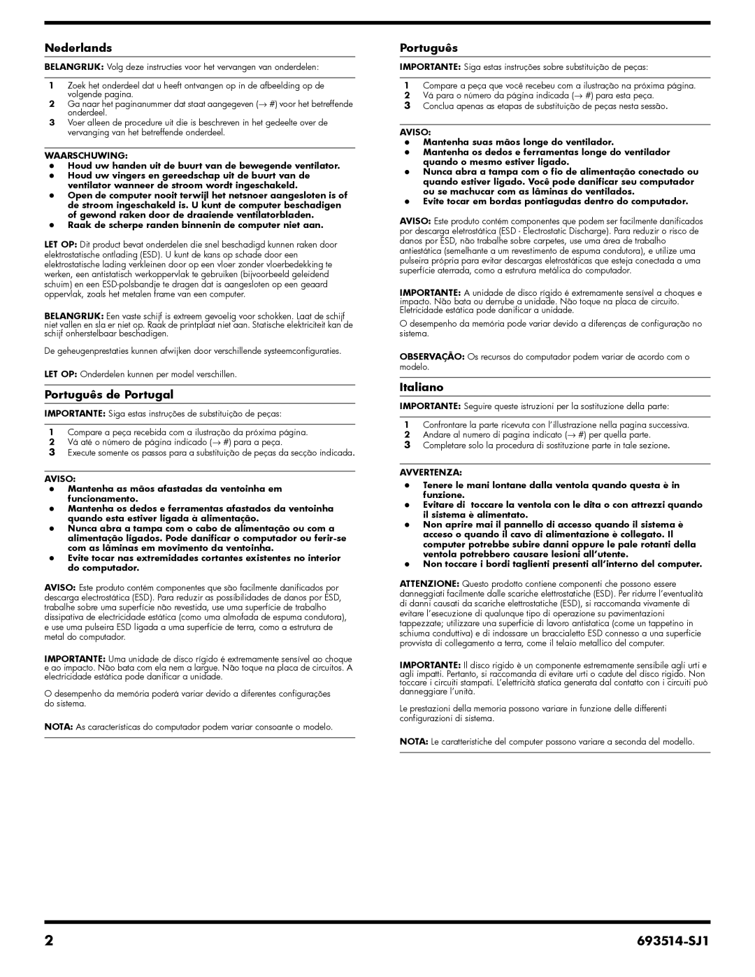 HP 23-d040t, 23-d044, 23-d050xt, 23-d055, 23-c210xt, 23-d034, 23-d038c, 23-d030 manual Nederlands, Português de Portugal, Italiano 