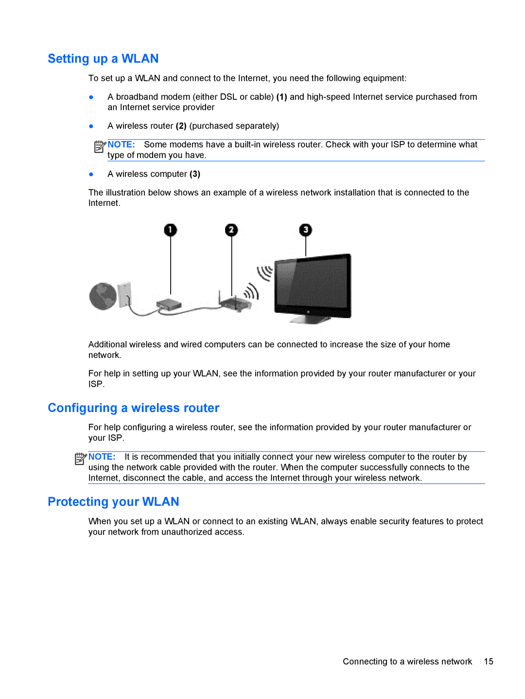 HP All in One - 27-k309, 23-m120 Beats SE, 23-k027c Setting up a Wlan, Configuring a wireless router, Protecting your Wlan 