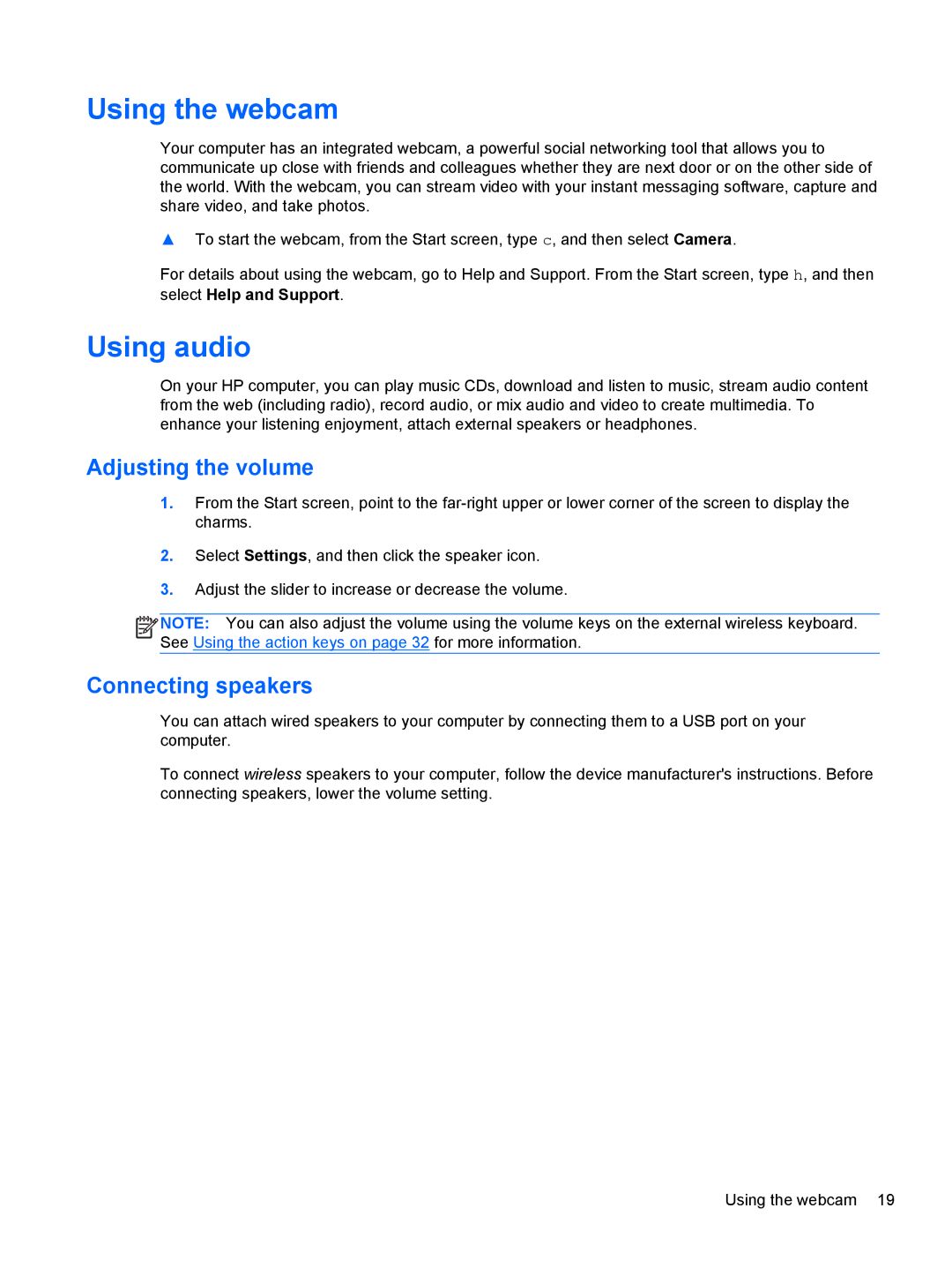 HP All in One - 23-k310, 23-m120 Beats SE, 23-k159 Using the webcam, Using audio, Adjusting the volume, Connecting speakers 