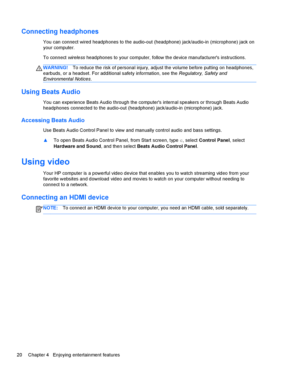 HP 27-k151 manual Using video, Connecting headphones, Using Beats Audio, Connecting an Hdmi device, Accessing Beats Audio 