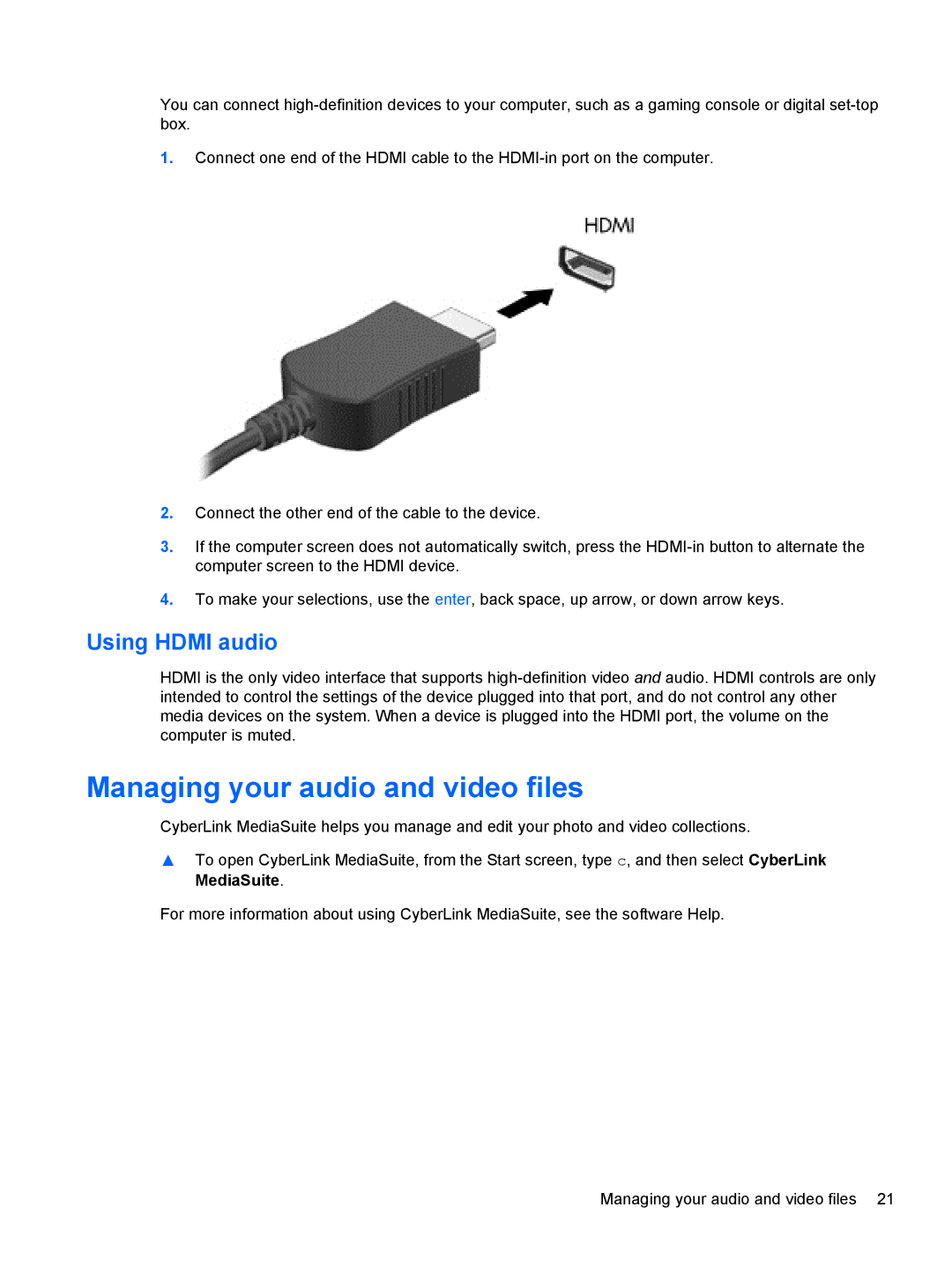 HP 27-k161, 23-m120 Beats SE, 23-k027c, 23-k159, 23-k139, 27-k150xt manual Managing your audio and video files, Using Hdmi audio 