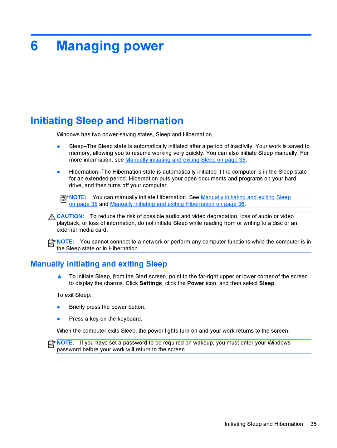 HP 23-k121, 23-m120 Beats SE manual Managing power, Initiating Sleep and Hibernation, Manually initiating and exiting Sleep 