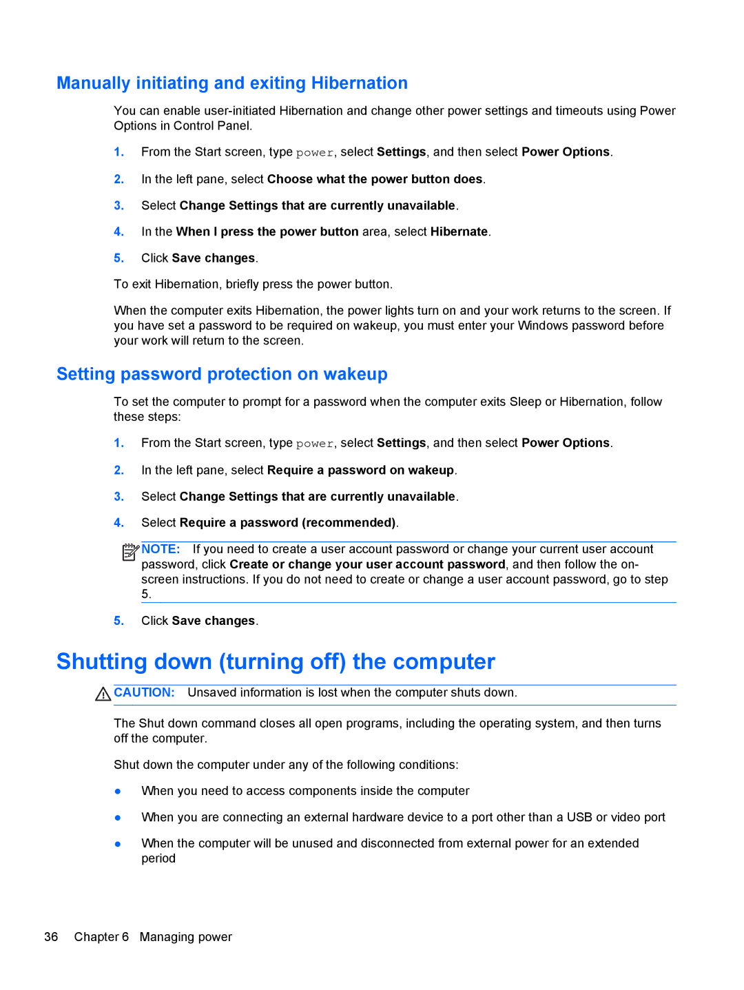 HP 23-k129, 23-m120 Beats SE, 23-k027c Shutting down turning off the computer, Manually initiating and exiting Hibernation 