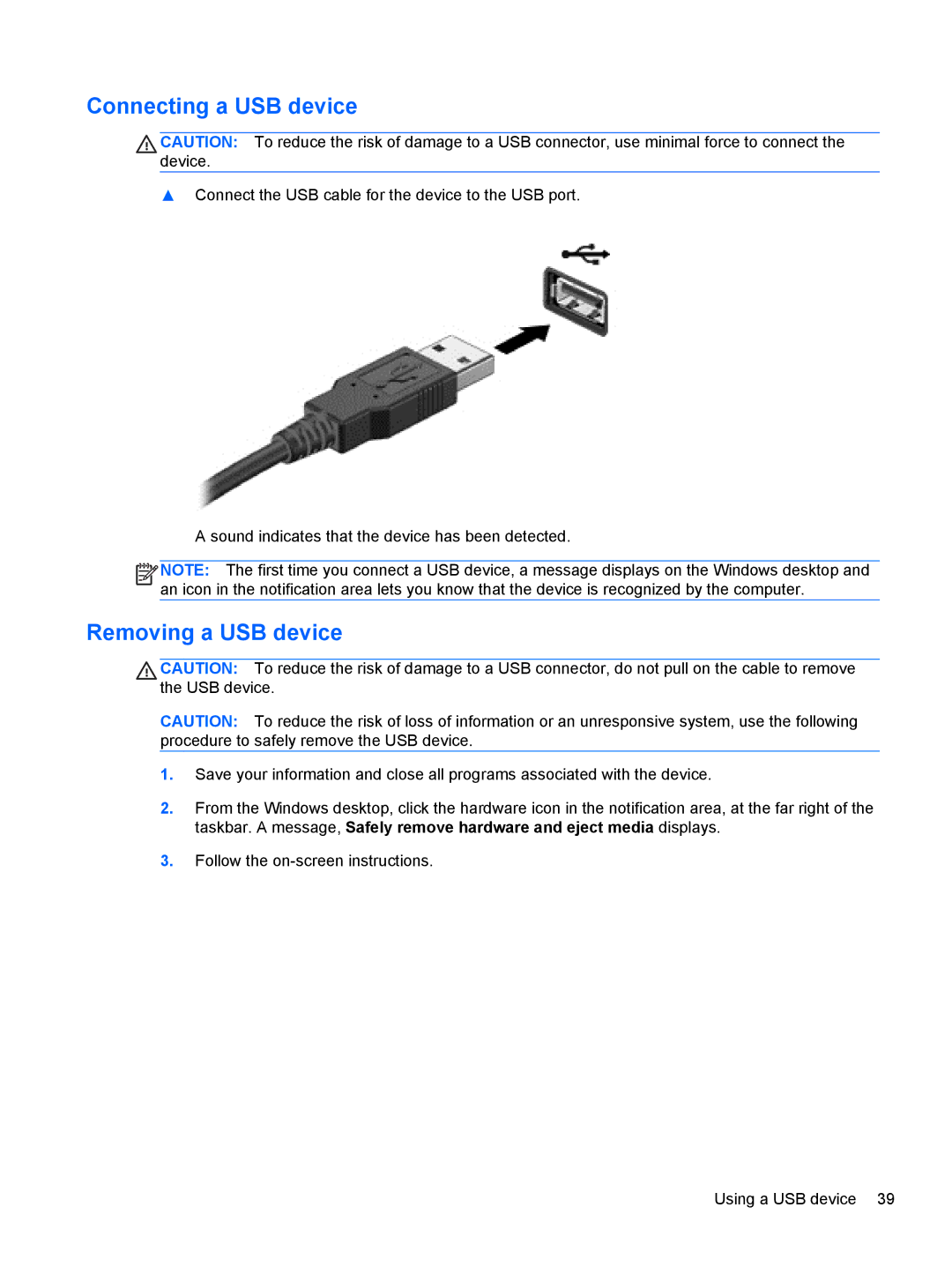 HP 23-k039, 23-m120 Beats SE, 23-k027c, 23-k159, 23-k139, 27-k150xt, 23-k121 Connecting a USB device, Removing a USB device 