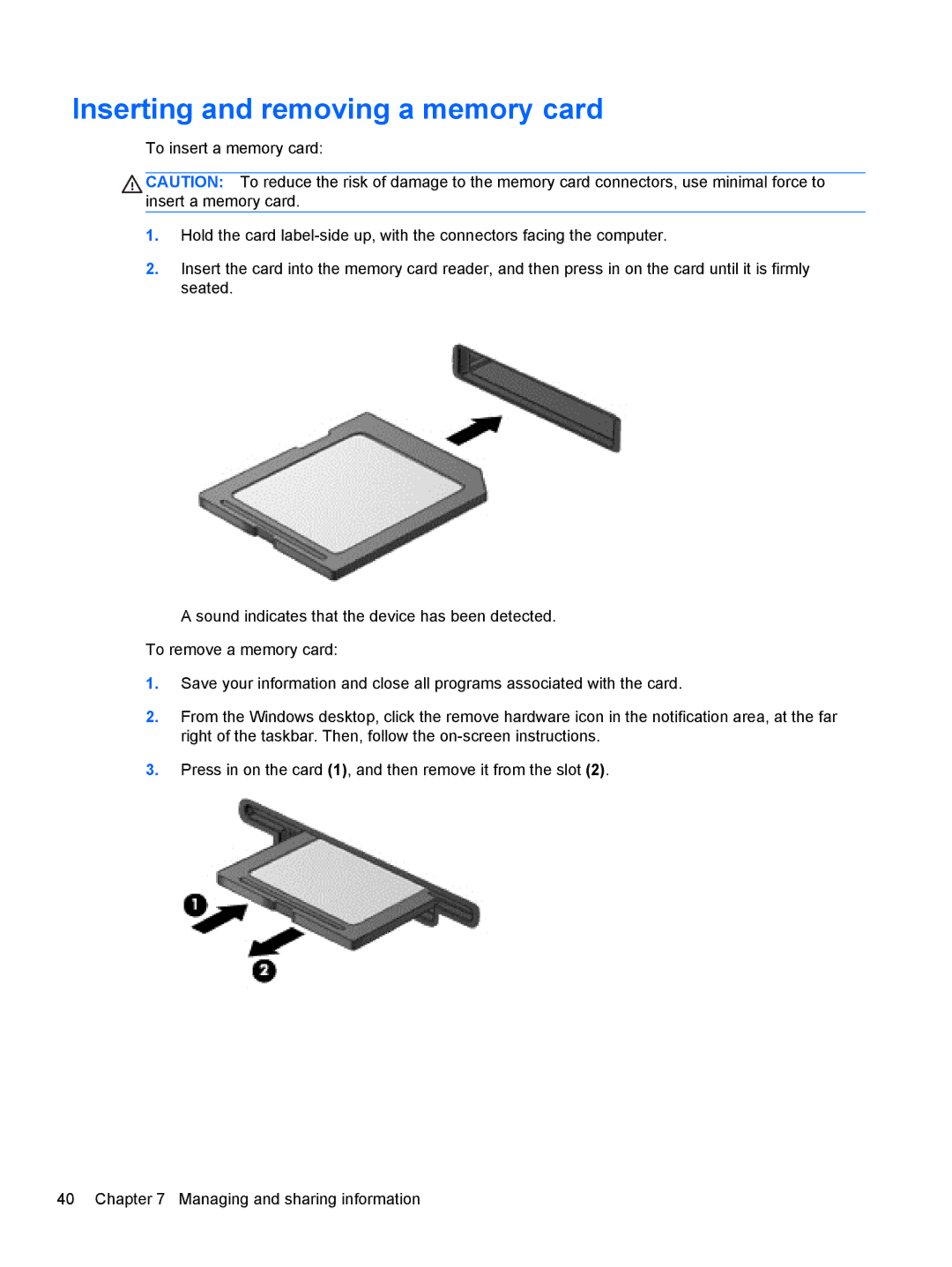 HP 23-k100xt, 23-m120 Beats SE, 23-k027c, 23-k159, 23-k139, 27-k150xt, 23-k121, 23-k129 Inserting and removing a memory card 