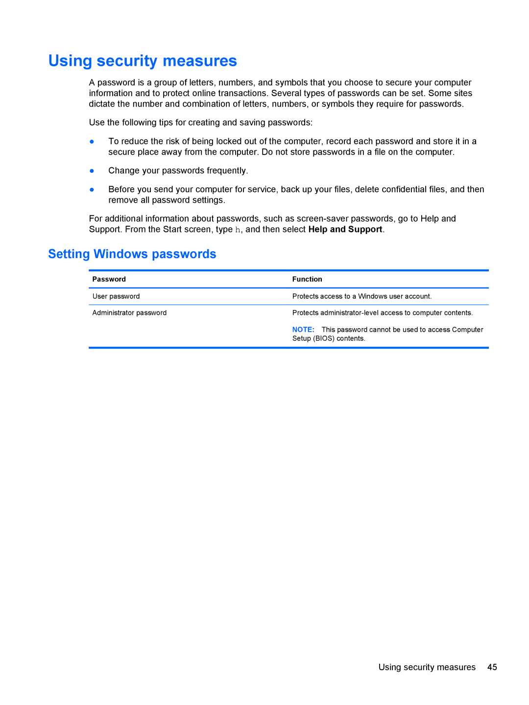 HP 23-k010qd, 23-m120 Beats SE, 23-k027c, 23-k159, 23-k139, 27-k150xt manual Using security measures, Setting Windows passwords 