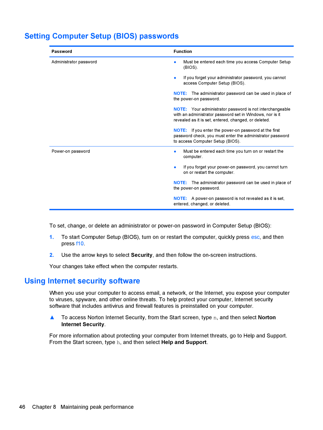 HP 23-k009c, 23-m120 Beats SE, 23-k027c, 23-k159 Setting Computer Setup Bios passwords, Using Internet security software 