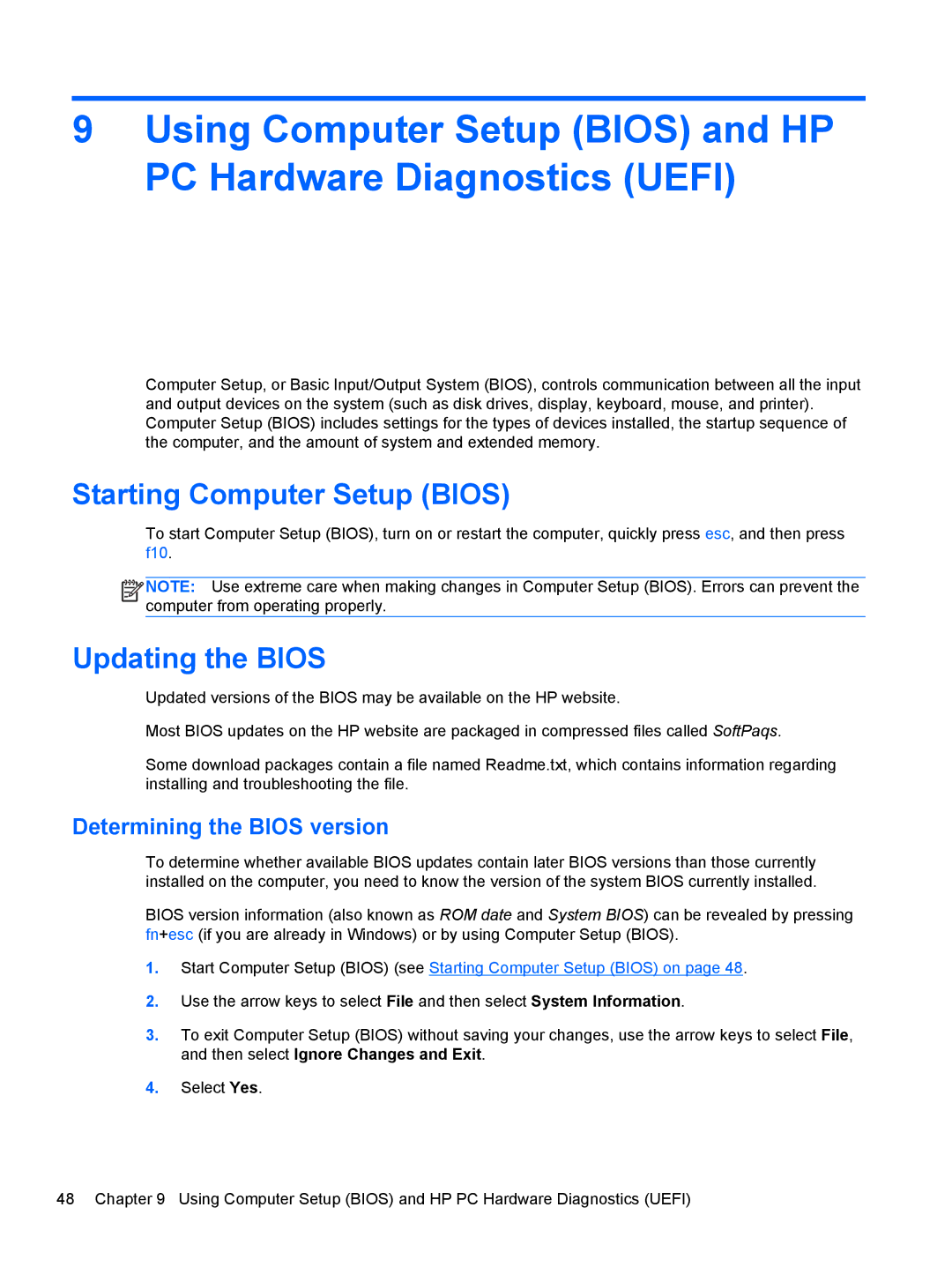 HP 23-m209 Beats SE, 23-m120 Beats SE manual Starting Computer Setup Bios, Updating the Bios, Determining the Bios version 