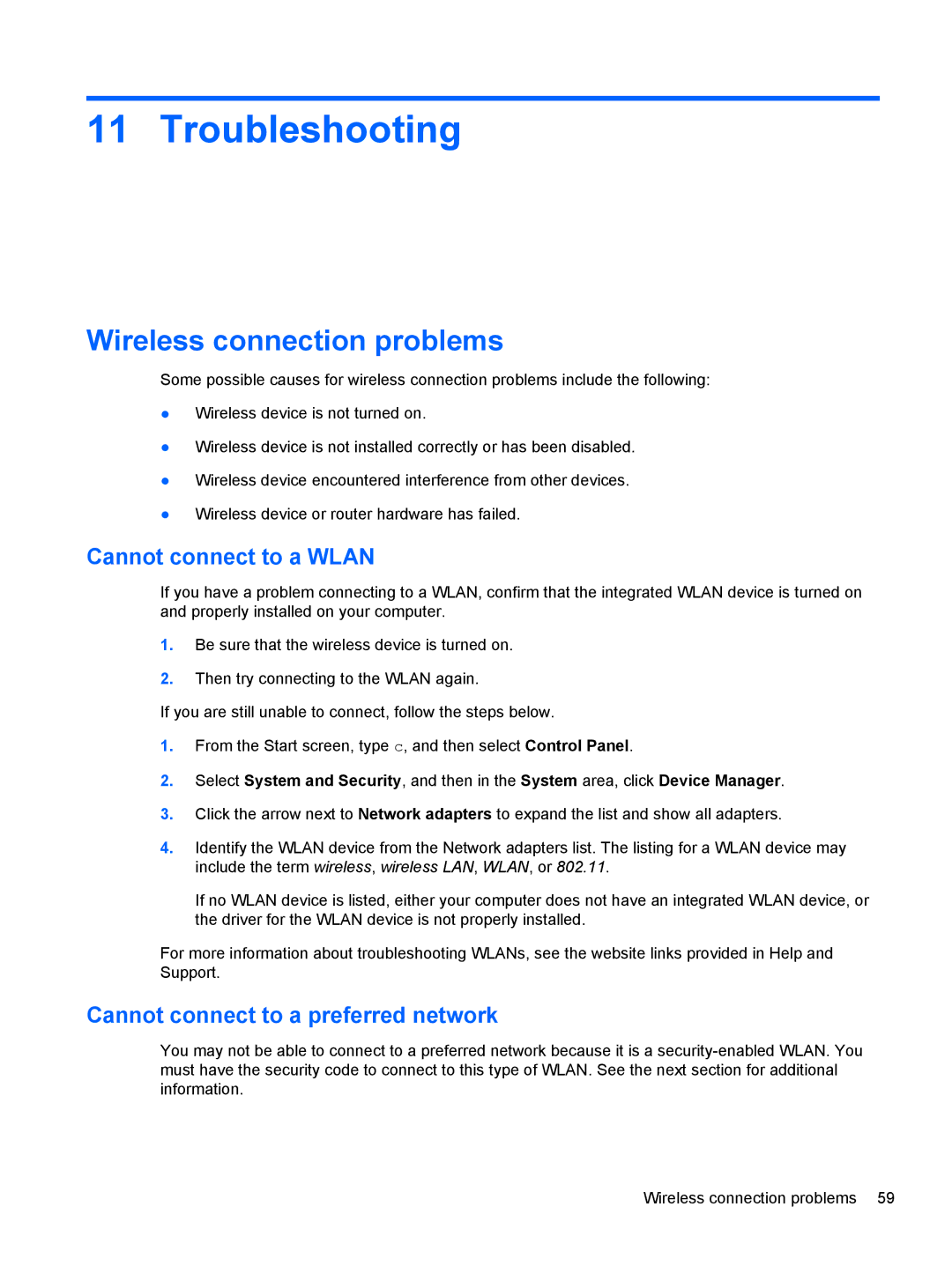 HP 27-k127c Troubleshooting, Wireless connection problems, Cannot connect to a Wlan, Cannot connect to a preferred network 