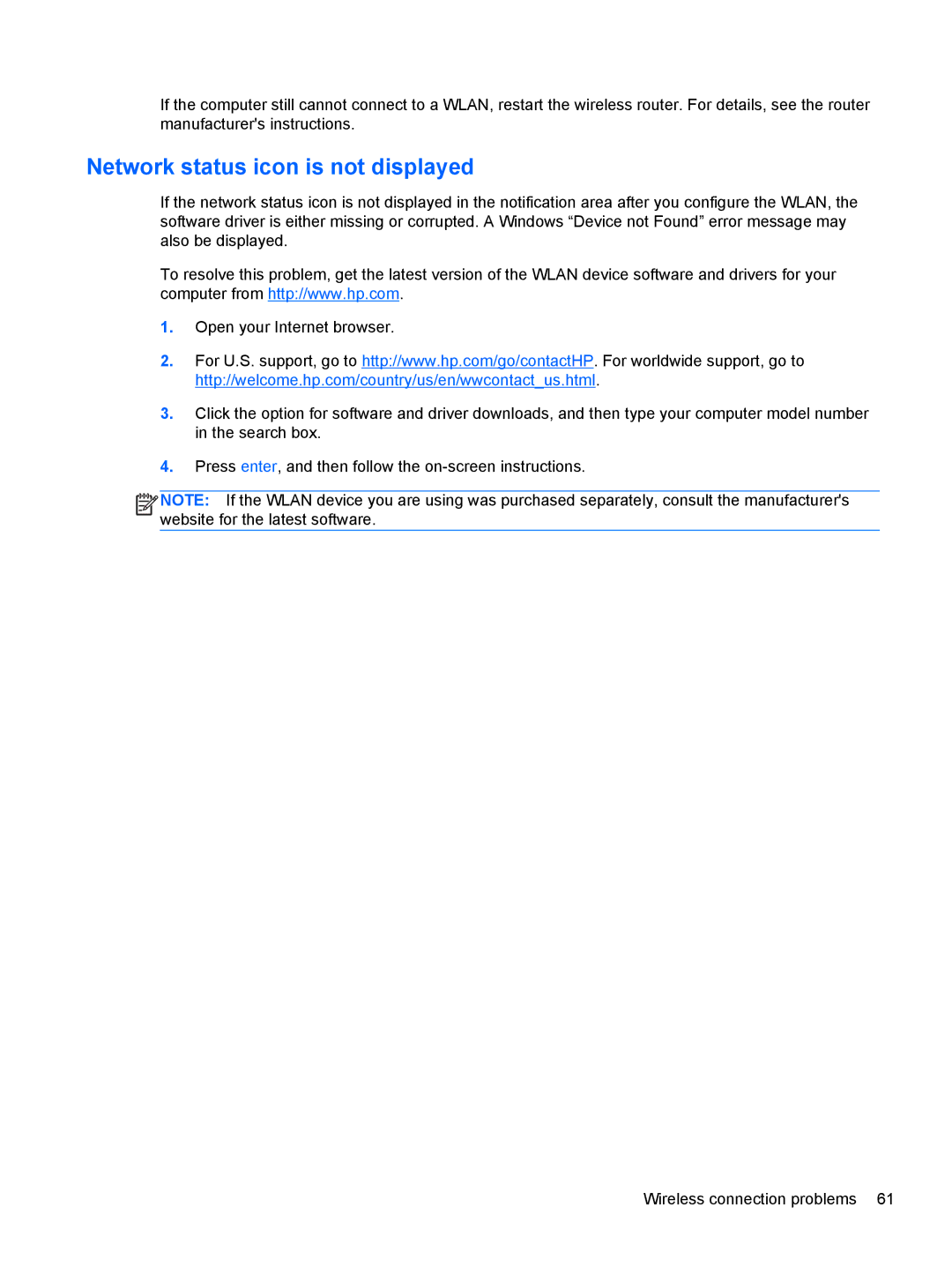 HP 27-k117c, 23-m120 Beats SE, 23-k027c, 23-k159, 23-k139, 27-k150xt, 23-k121, 23-k129 manual Network status icon is not displayed 