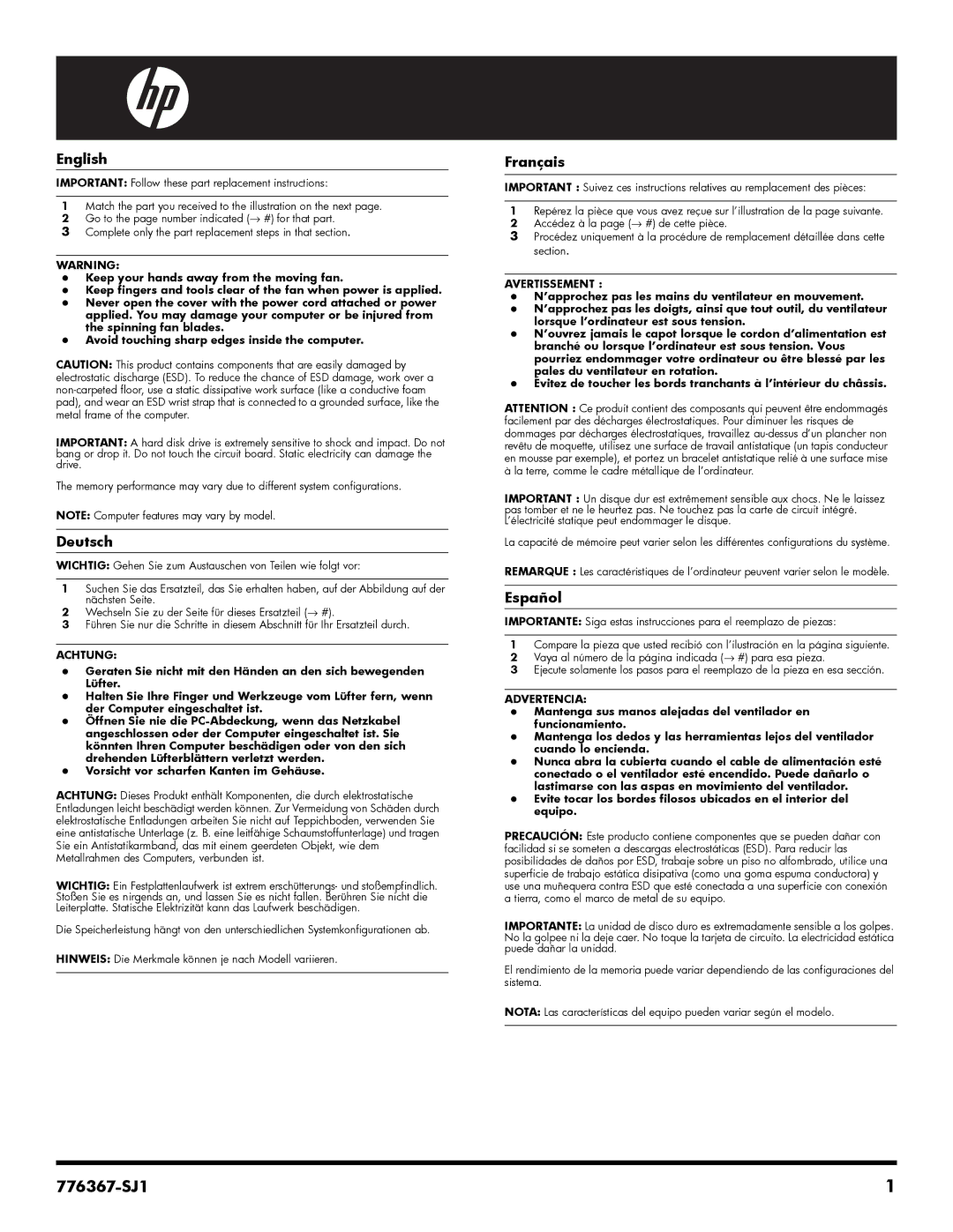 HP 23-o014 manual English, Deutsch, Français, Español 