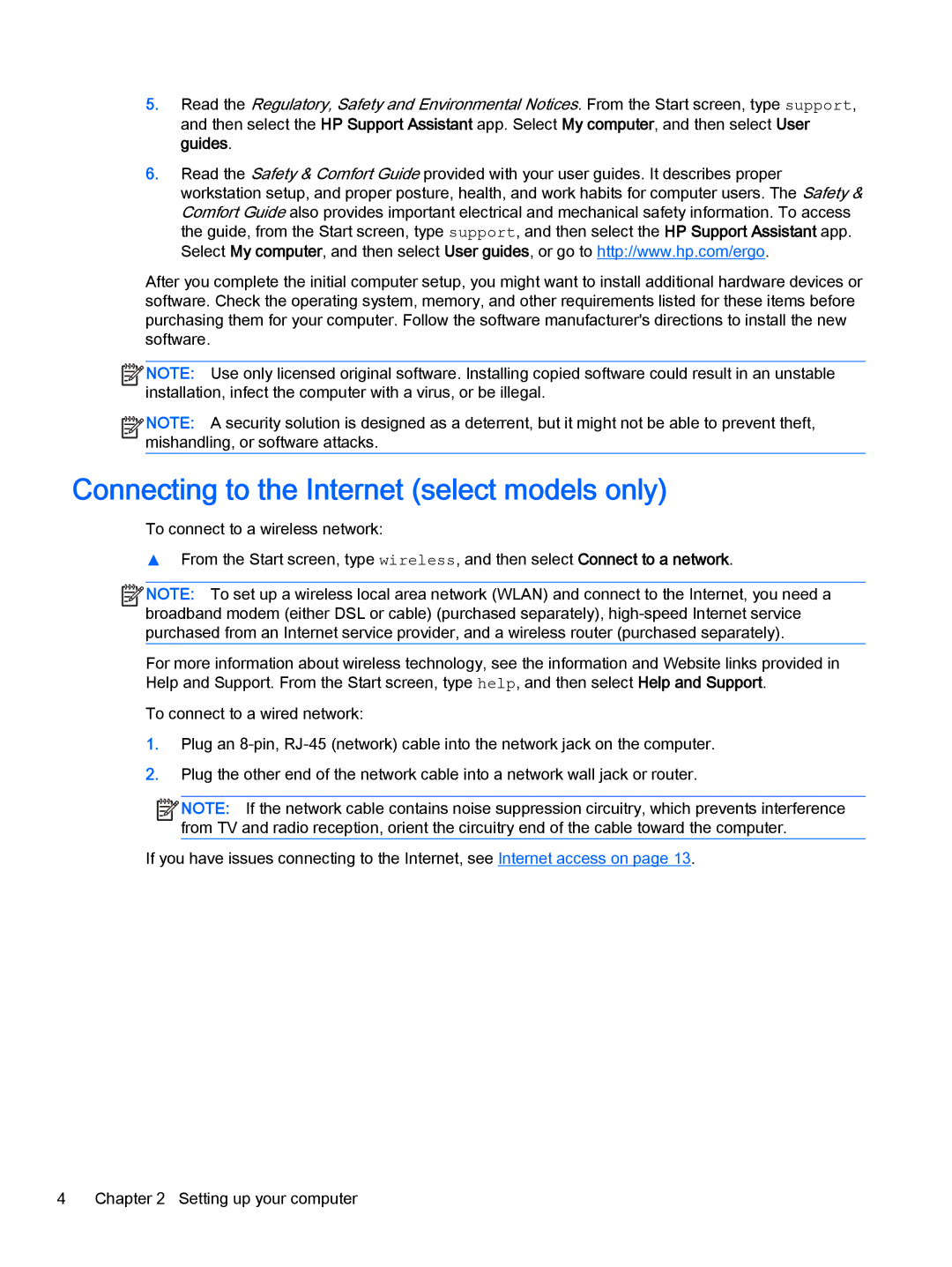 HP 21-h010, 23-p020t, 23-p029c, 23-p017c, 23-p027c, 23-p010, 23-p009, 21-h030z Connecting to the Internet select models only 