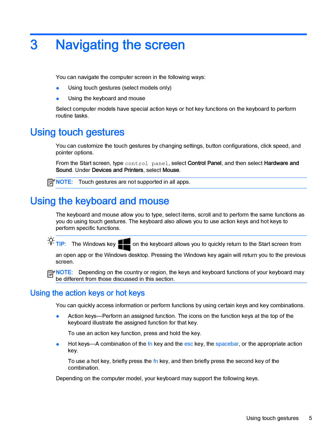 HP Beats 23-n022, 23-p020t, 23-p029c, 23-p017c Navigating the screen, Using touch gestures, Using the keyboard and mouse 