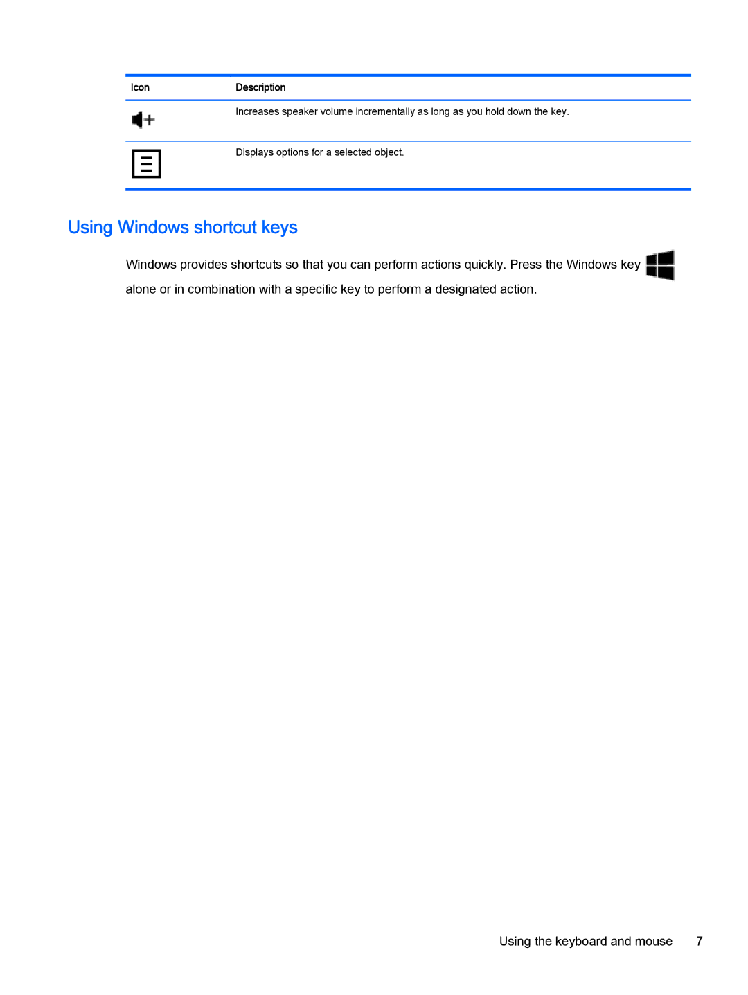 HP Beats 23-n010, 23-p020t, 23-p029c, 23-p017c, 23-p027c, 23-p010, 23-p009, 21-h030z, 21-h130z manual Using Windows shortcut keys 