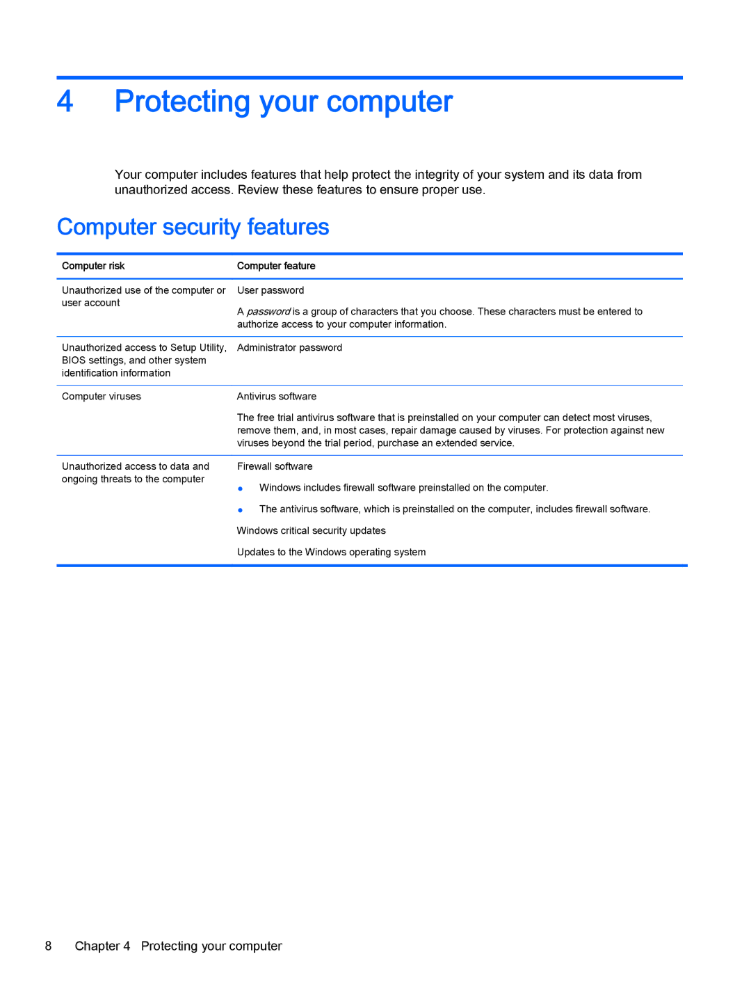 HP Beats - 23-n110xt, 23-p020t, 23-p029c, 23-p017c manual Protecting your computer, Computer security features, Computer risk 