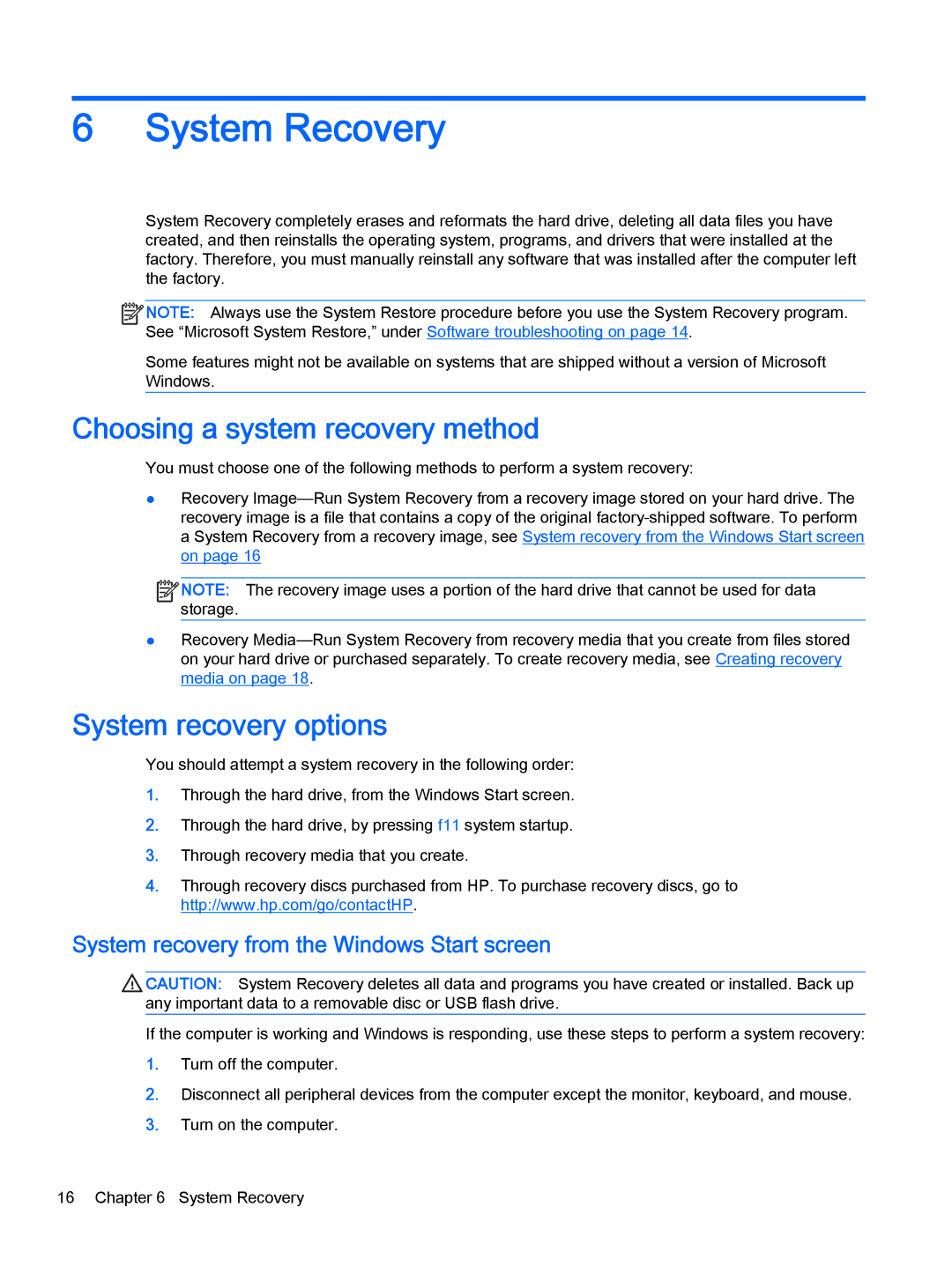 HP 19-2010t, 23-p020t, 23-p029c, 23-p017c manual System Recovery, Choosing a system recovery method, System recovery options 