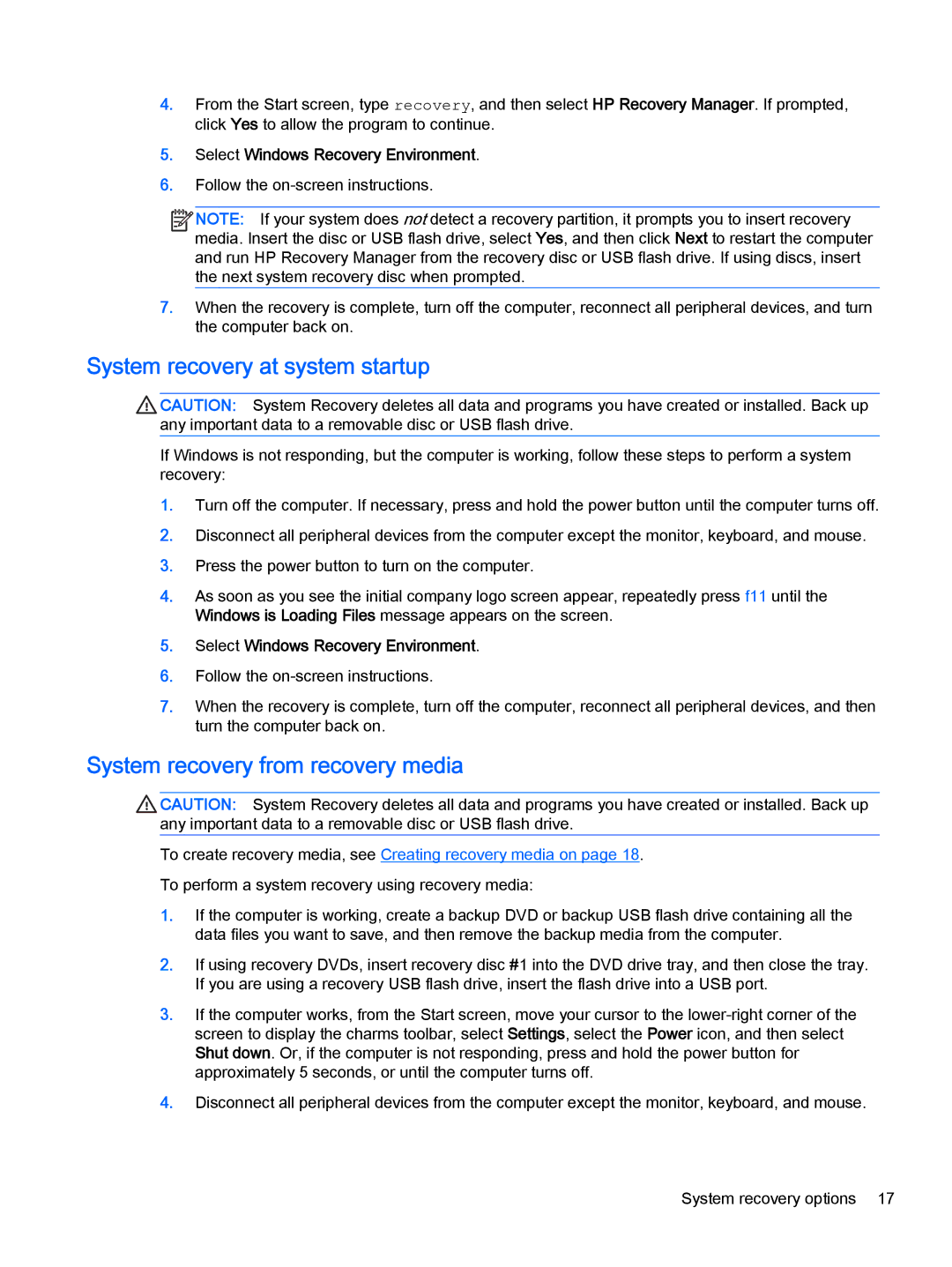 HP 19-2014, 23-p020t, 23-p029c, 23-p017c, 23-p027c System recovery at system startup, System recovery from recovery media 