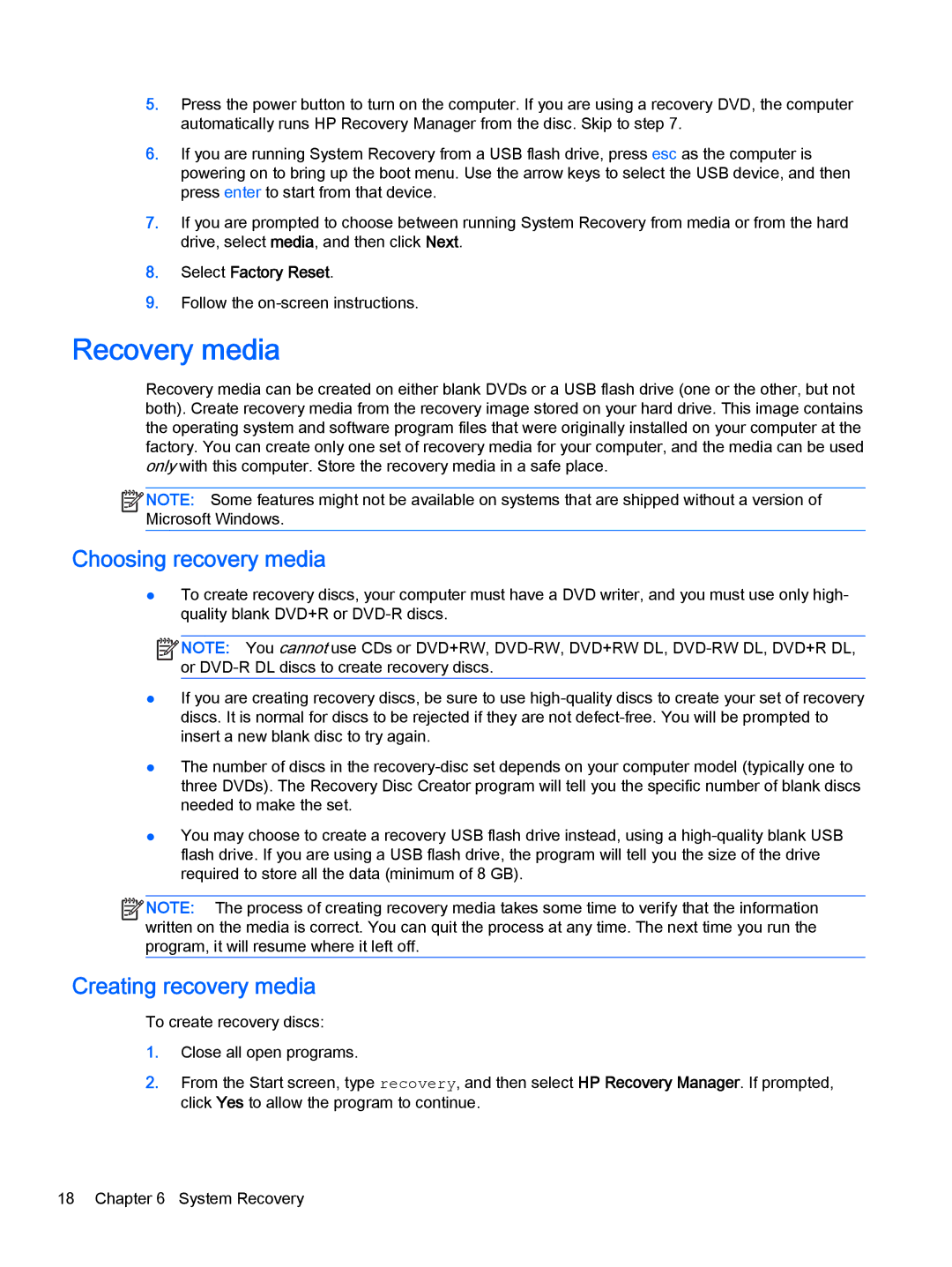 HP 19-2013w, 23-p020t, 23-p029c, 23-p017c, 23-p027c, 23-p010 Recovery media, Choosing recovery media, Creating recovery media 