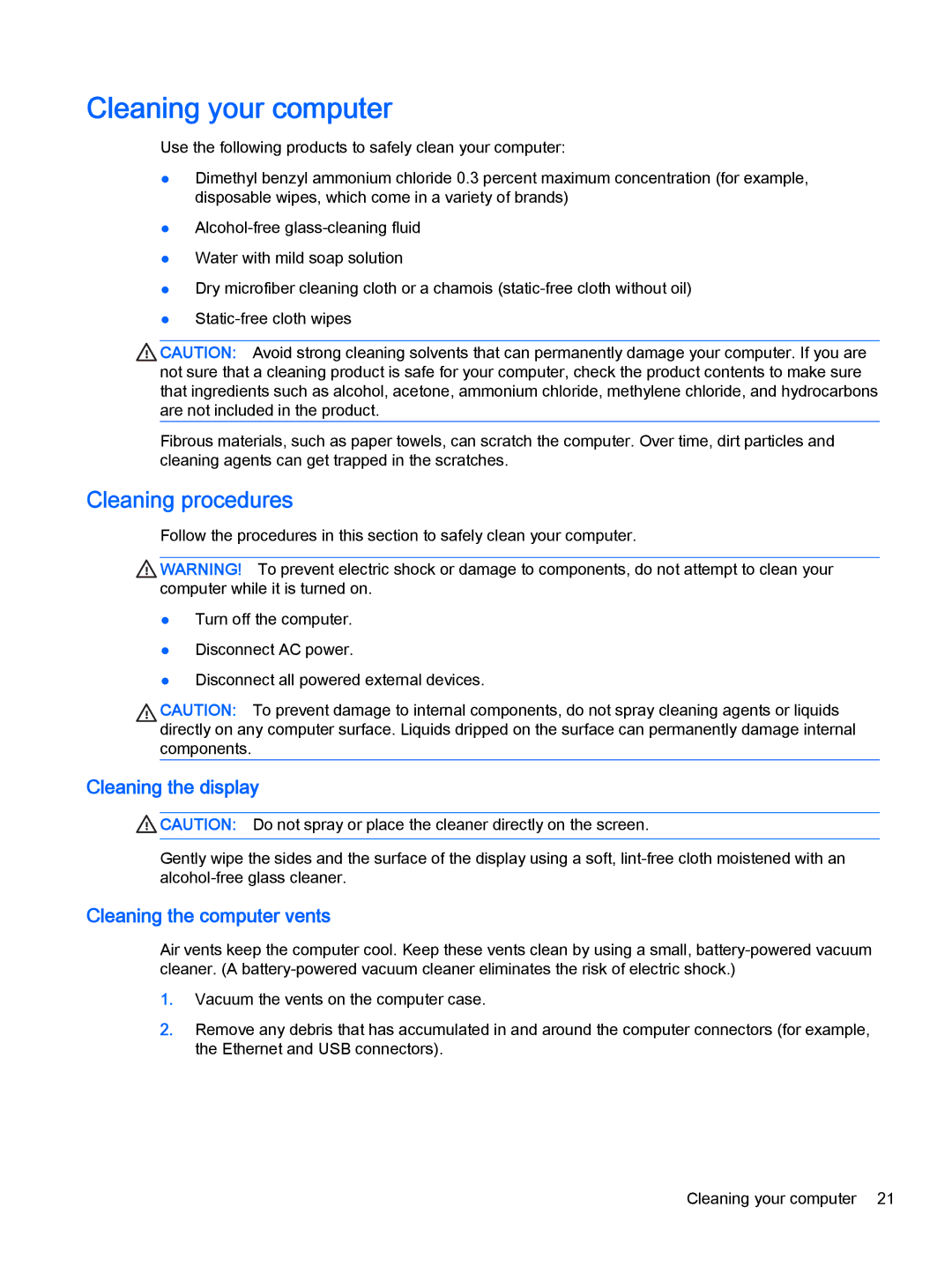 HP 19-2011, 23-p020t, 23-p029c, 23-p017c, 23-p027c, 23-p010, 23-p009, 21-h030z manual Cleaning your computer, Cleaning procedures 
