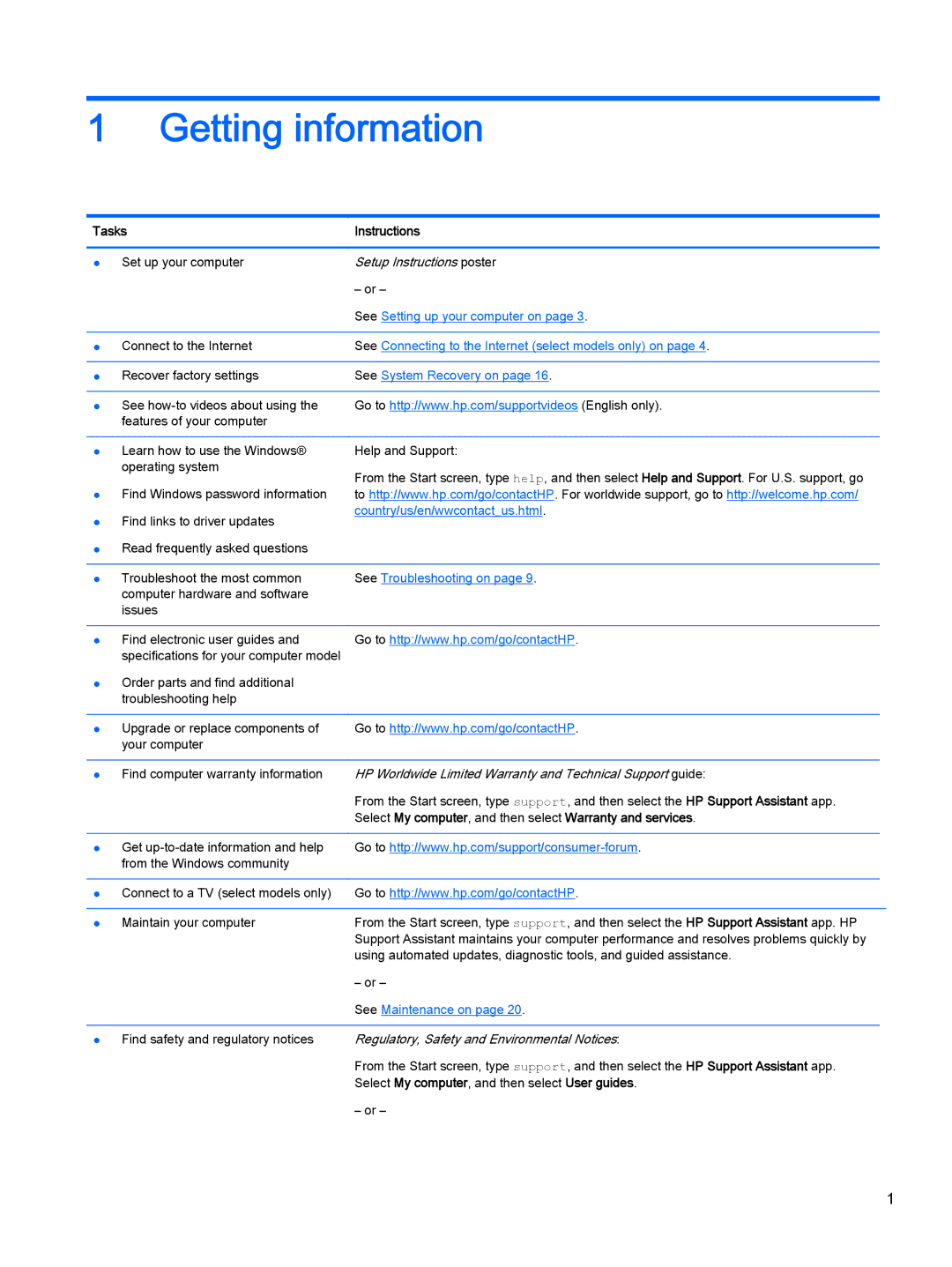 HP 21-h130z, 23-p020t Getting information, Tasks Instructions, Select My computer, and then select Warranty and services 