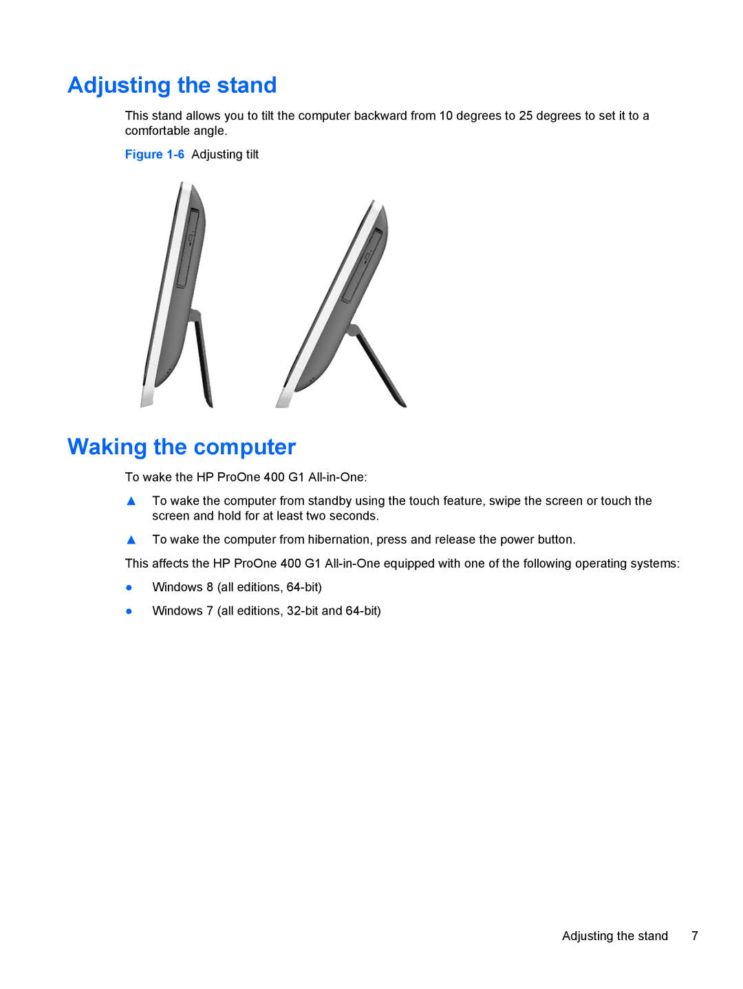 HP 23-p009, 23-p020t, 23-p029c, 23-p017c, 23-p027c, 23-p010, 23-p039 manual Adjusting the stand, Waking the computer 