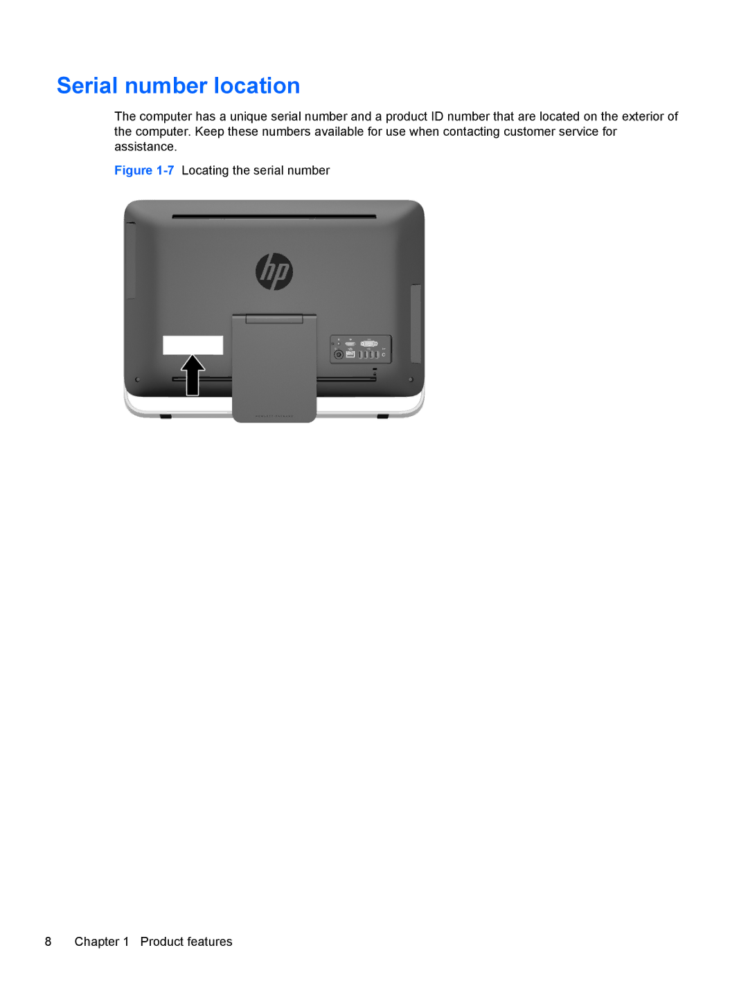 HP 23-p020t, 23-p029c, 23-p017c, 23-p027c, 23-p010 manual Serial number location, 7Locating the serial number Product features 