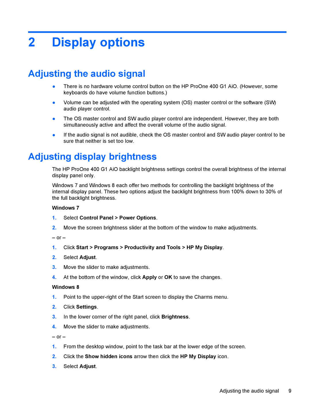 HP 23-p029c, 23-p020t, 23-p017c, 23-p027c, 23-p010, 23-p039, 23-p009 Adjusting the audio signal, Adjusting display brightness 