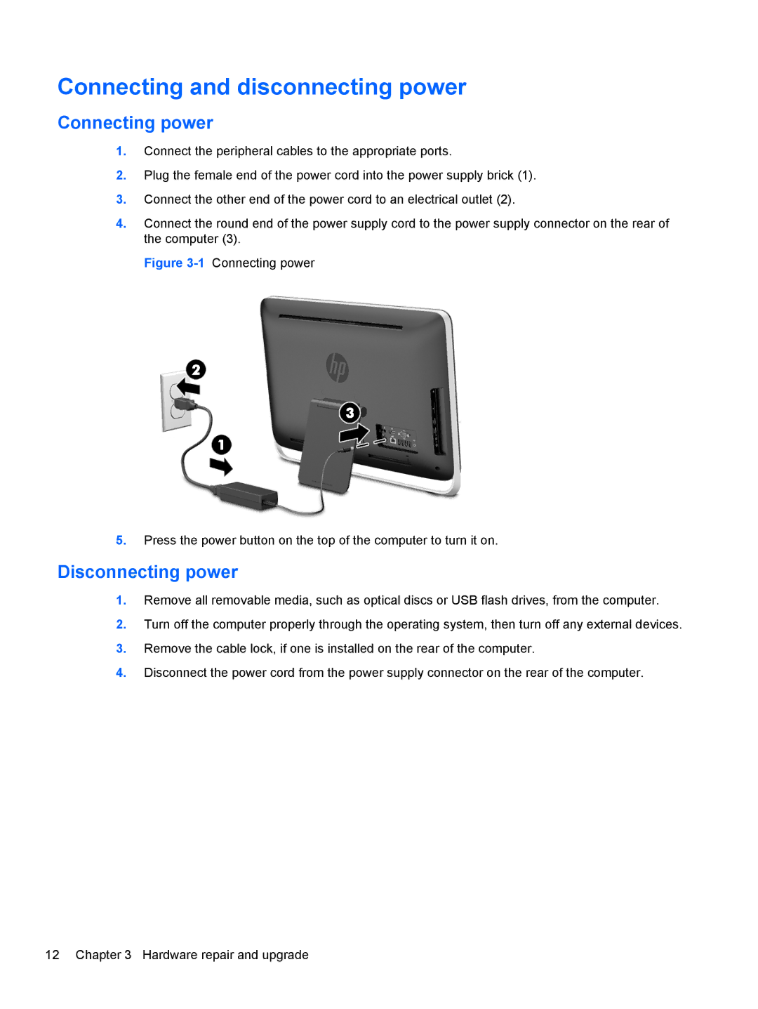 HP 23-p010, 23-p020t, 23-p029c, 23-p017c, 23-p027c, 23-p039, 23-p009 manual Connecting and disconnecting power, Connecting power 