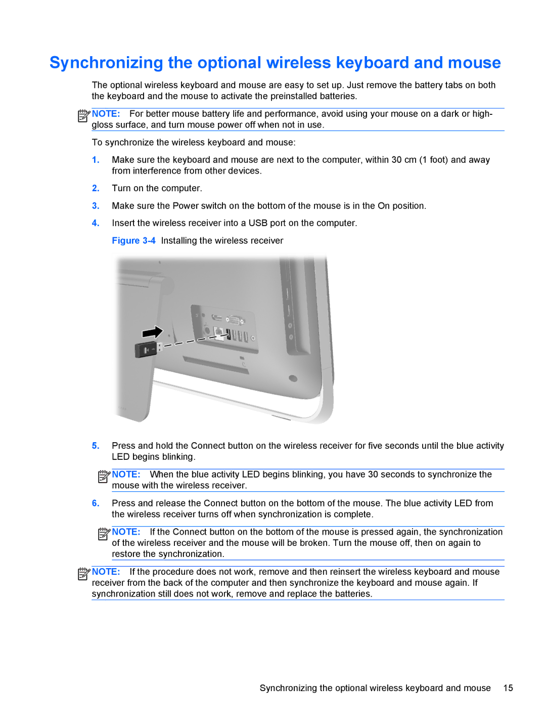 HP 23-p020t, 23-p029c, 23-p017c, 23-p027c, 23-p010, 23-p039, 23-p009 Synchronizing the optional wireless keyboard and mouse 