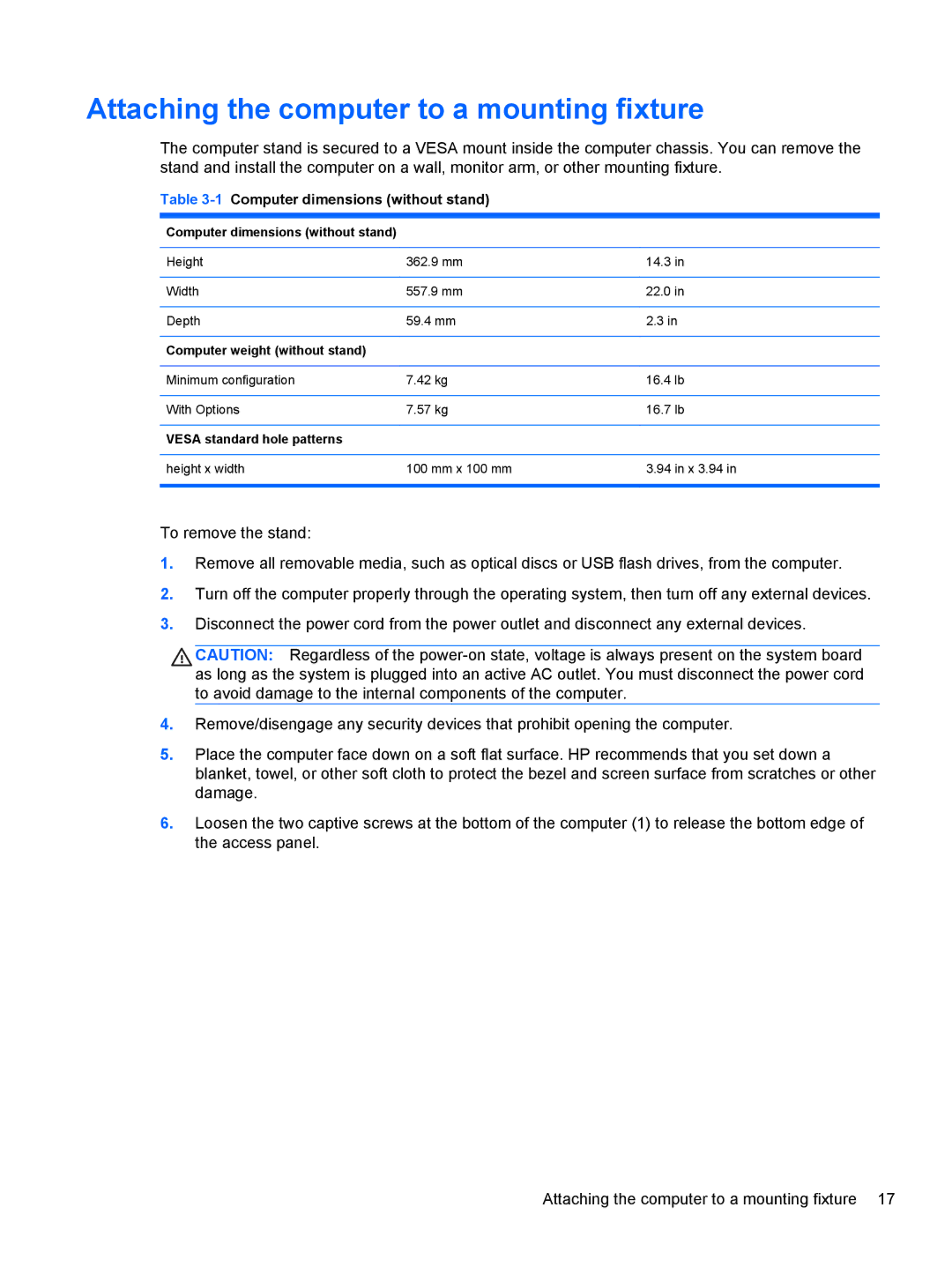 HP 23-p017c, 23-p020t, 23-p029c, 23-p027c Attaching the computer to a mounting fixture, 1Computer dimensions without stand 