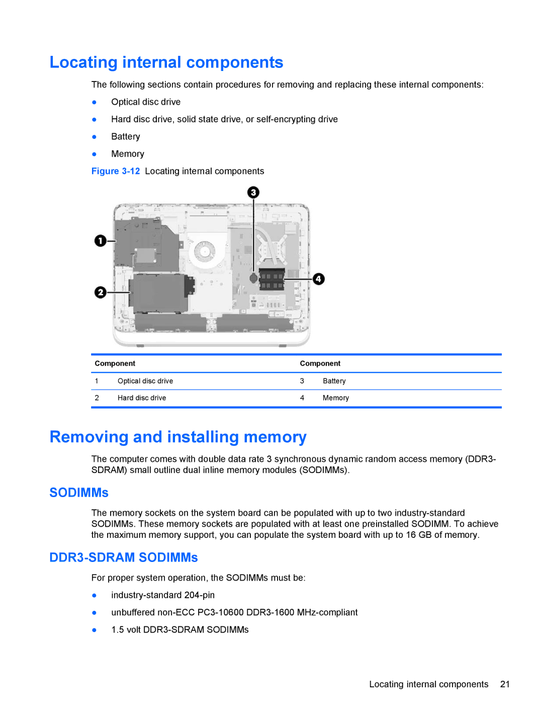 HP 23-p009, 23-p020t, 23-p029c, 23-p017c, 23-p027c, 23-p010 manual Locating internal components, Removing and installing memory 