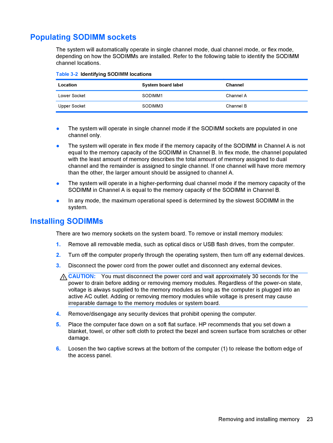HP 23-p029c, 23-p020t, 23-p017c, 23-p027c, 23-p010, 23-p039, 23-p009 manual Populating Sodimm sockets 