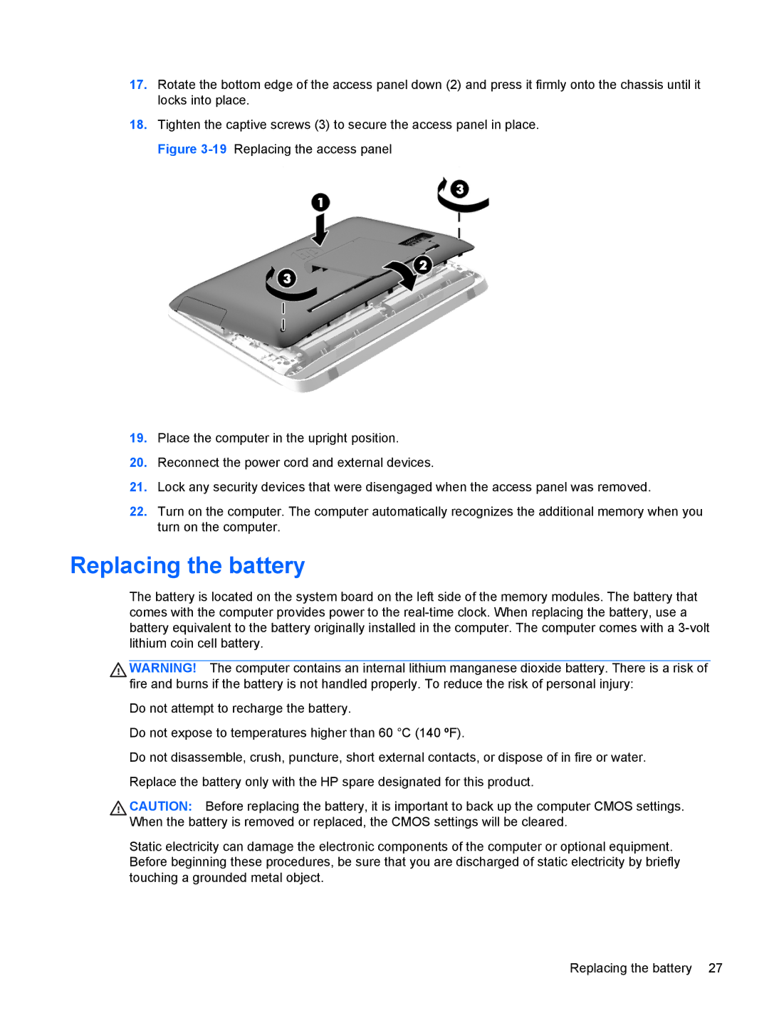 HP 23-p039, 23-p020t, 23-p029c, 23-p017c, 23-p027c, 23-p010, 23-p009 manual Replacing the battery 