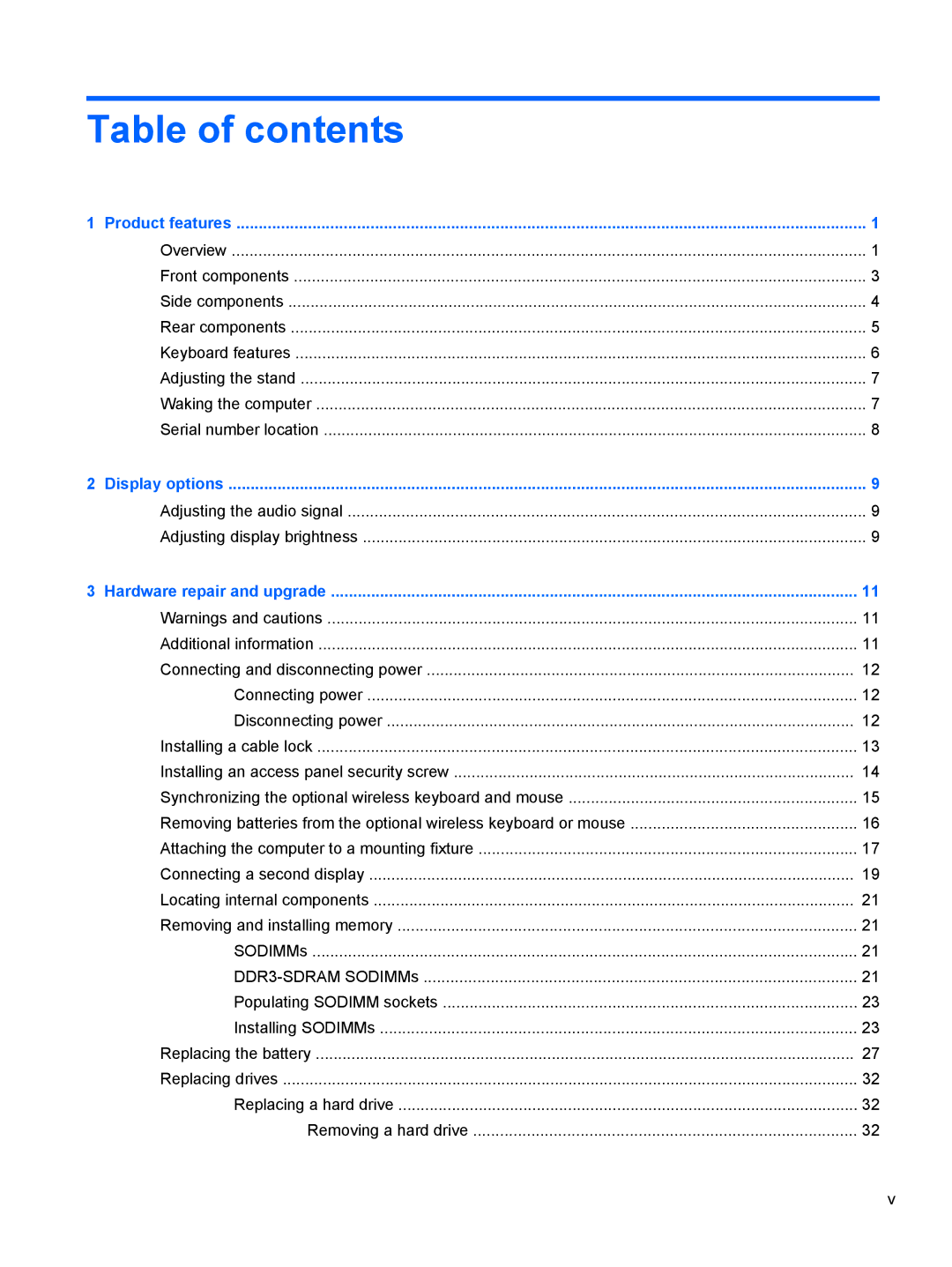 HP 23-p039, 23-p020t, 23-p029c, 23-p017c, 23-p027c, 23-p010, 23-p009 manual Table of contents 