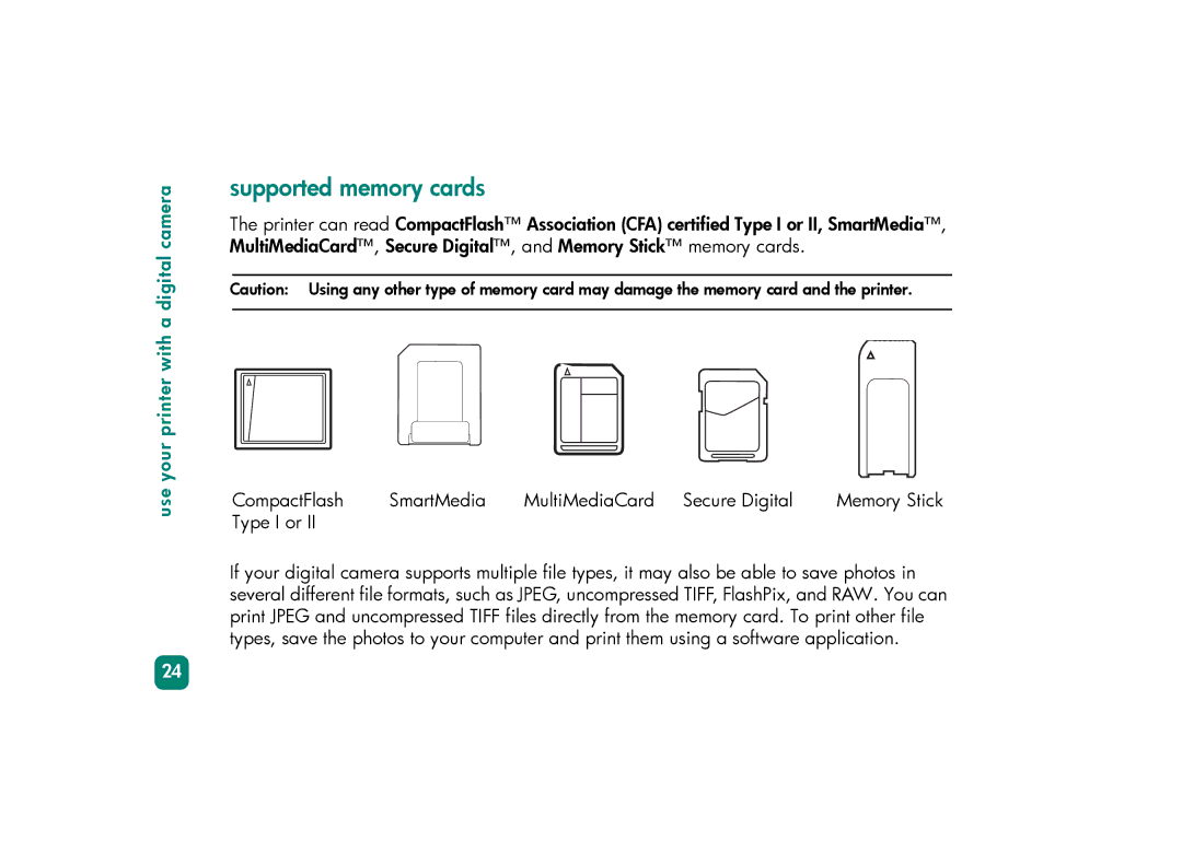 HP 230 manual Supported memory cards 