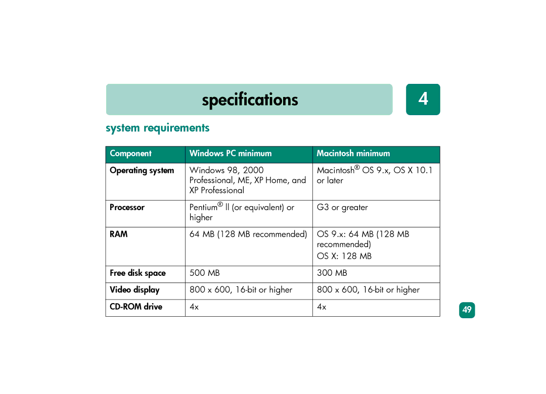 HP 230 manual Specifications4, System requirements 