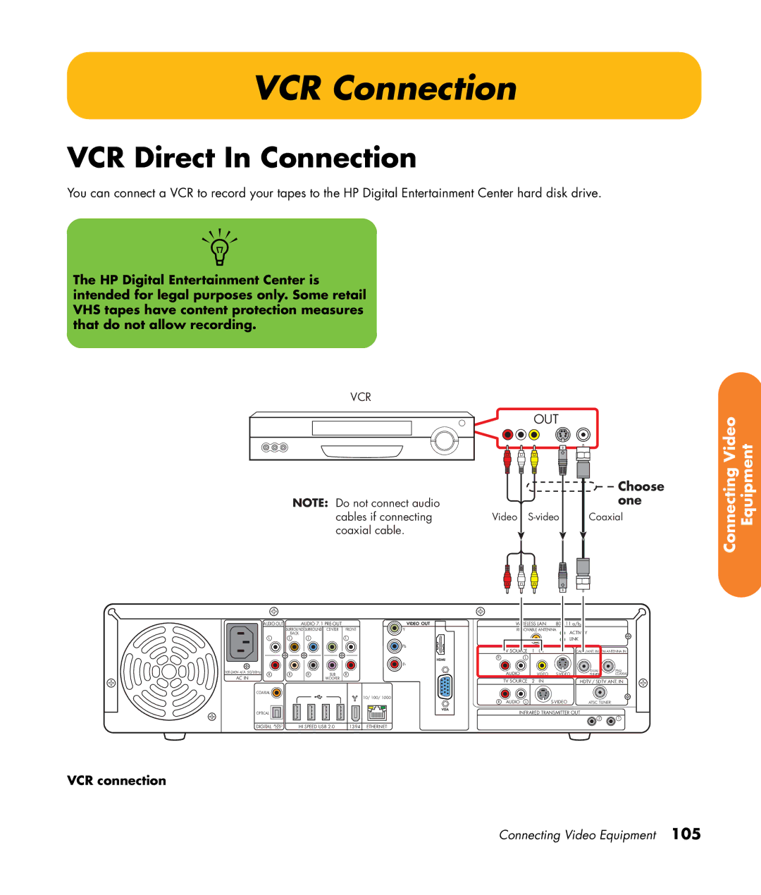 HP 2307890A manual VCR Connection, VCR Direct In Connection, VCR connection 