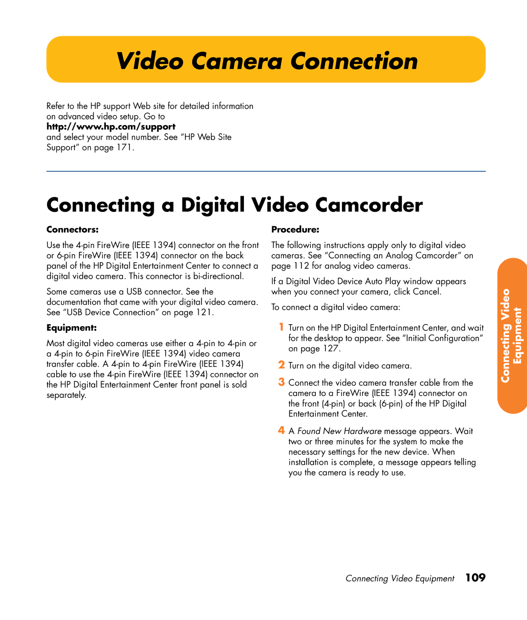 HP 2307890A manual Video Camera Connection, Connecting a Digital Video Camcorder, Connectors, Equipment 