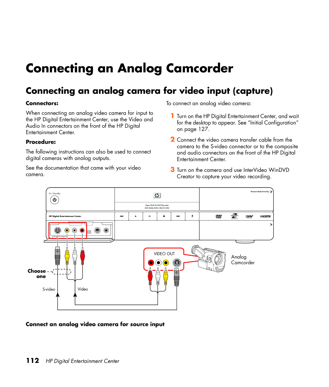 HP 2307890A manual Connecting an Analog Camcorder, Connecting an analog camera for video input capture 