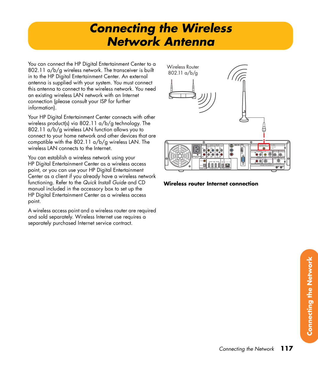 HP 2307890A manual Connecting the Wireless Network Antenna, Wireless router Internet connection 