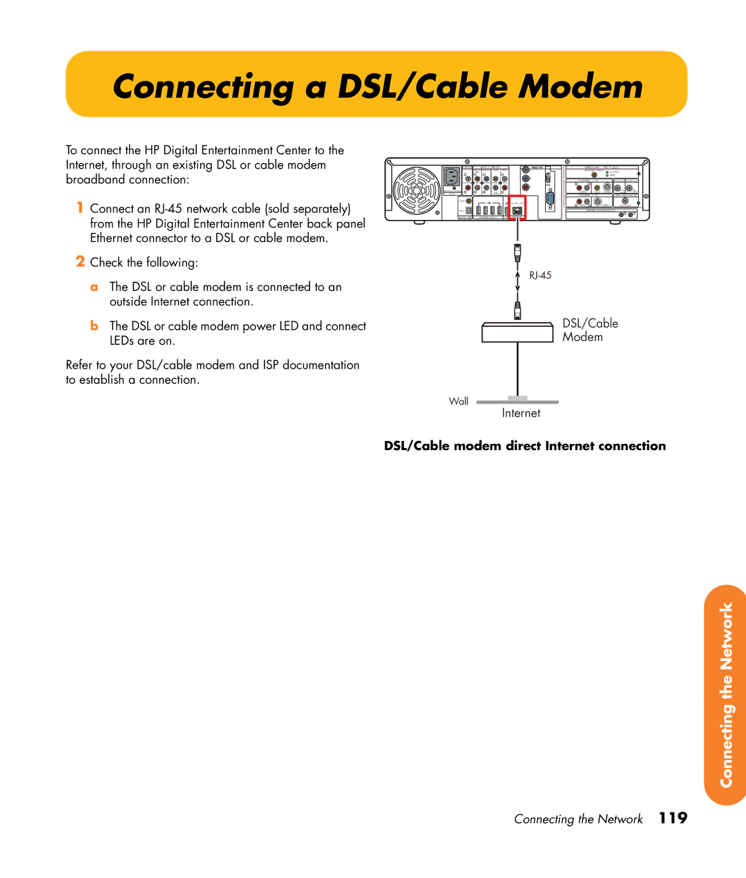 HP 2307890A manual Connecting a DSL/Cable Modem, DSL/Cable modem direct Internet connection 