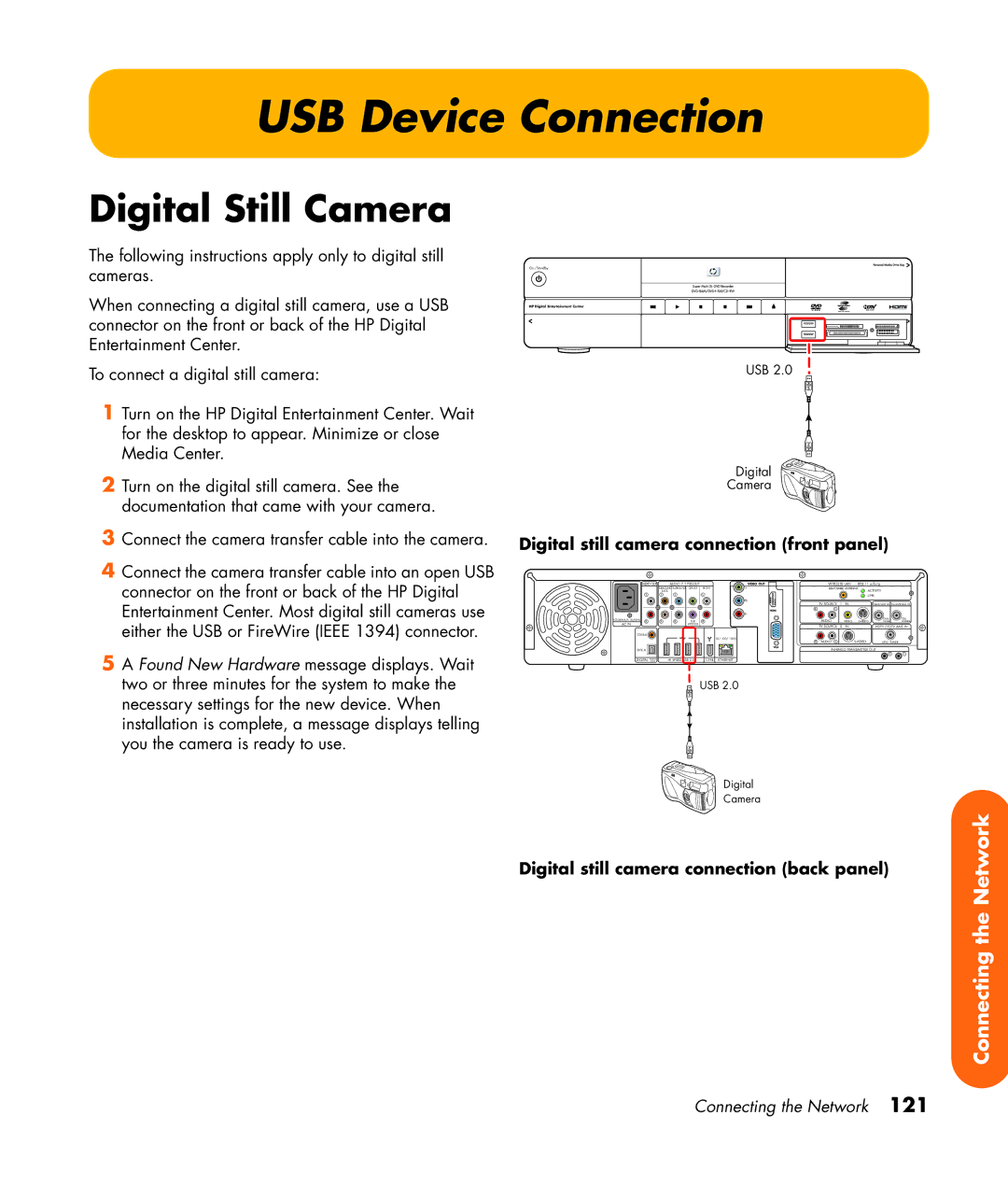 HP 2307890A manual USB Device Connection, Digital Still Camera, Digital still camera connection front panel 