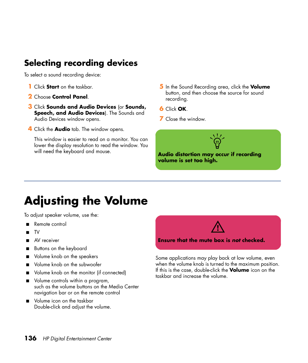 HP 2307890A manual Adjusting the Volume, Selecting recording devices, Ensure that the mute box is not checked 