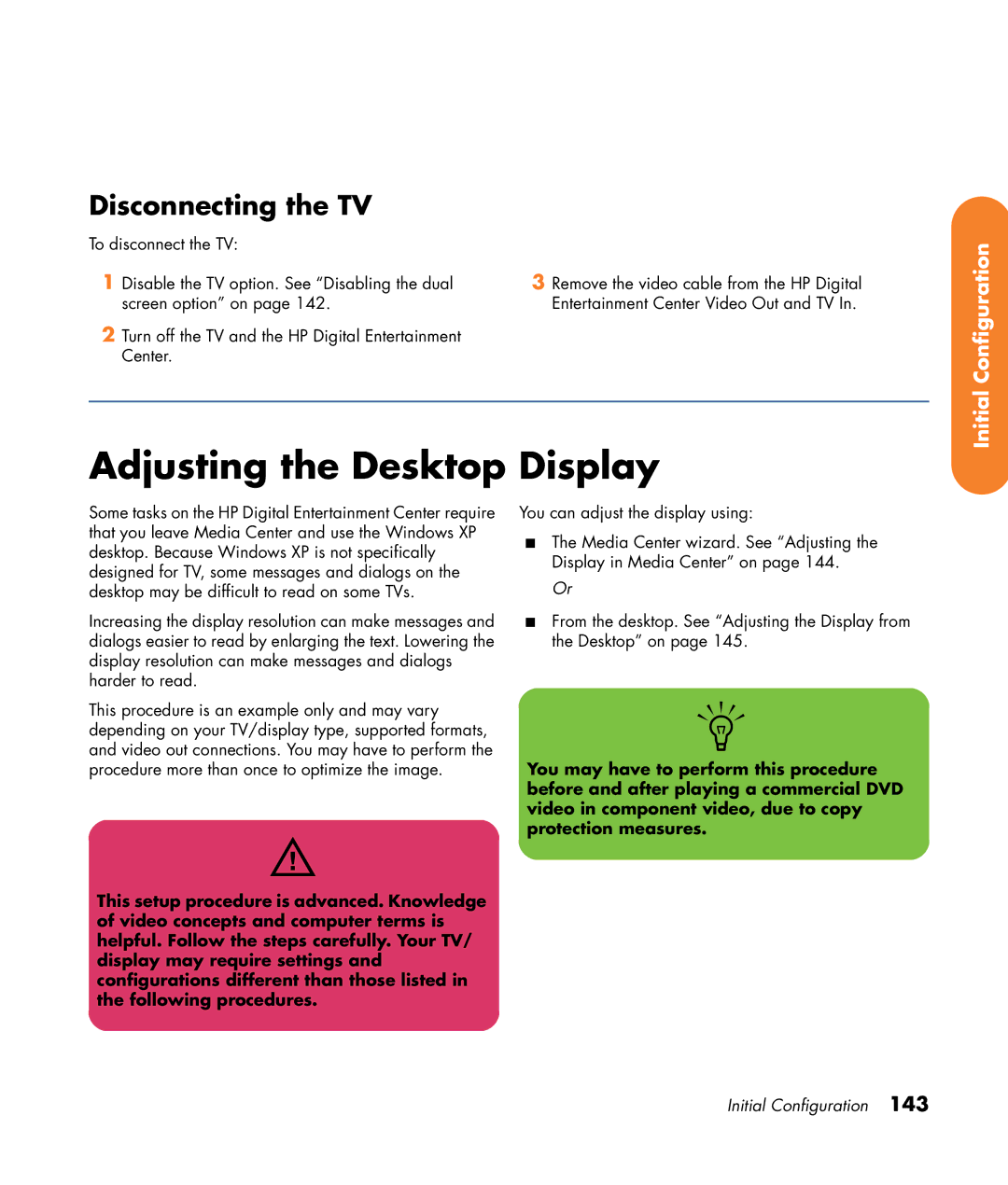 HP 2307890A manual Adjusting the Desktop Display, Disconnecting the TV 