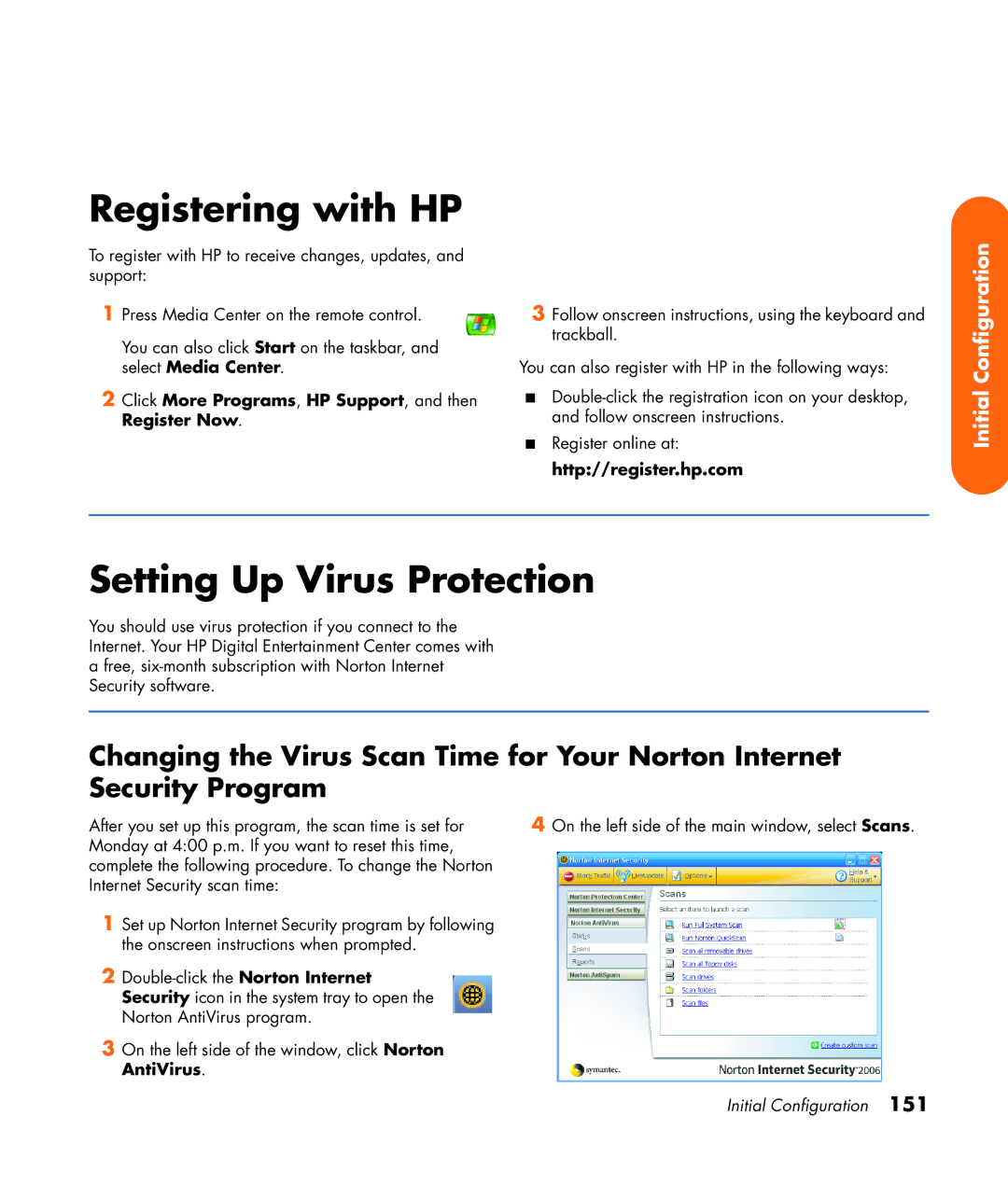 HP 2307890A manual Registering with HP, Setting Up Virus Protection, Click More Programs, HP Support, and then Register Now 