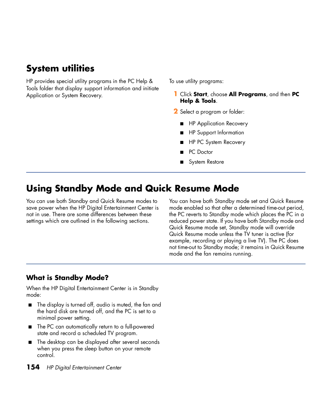 HP 2307890A manual System utilities, Using Standby Mode and Quick Resume Mode 