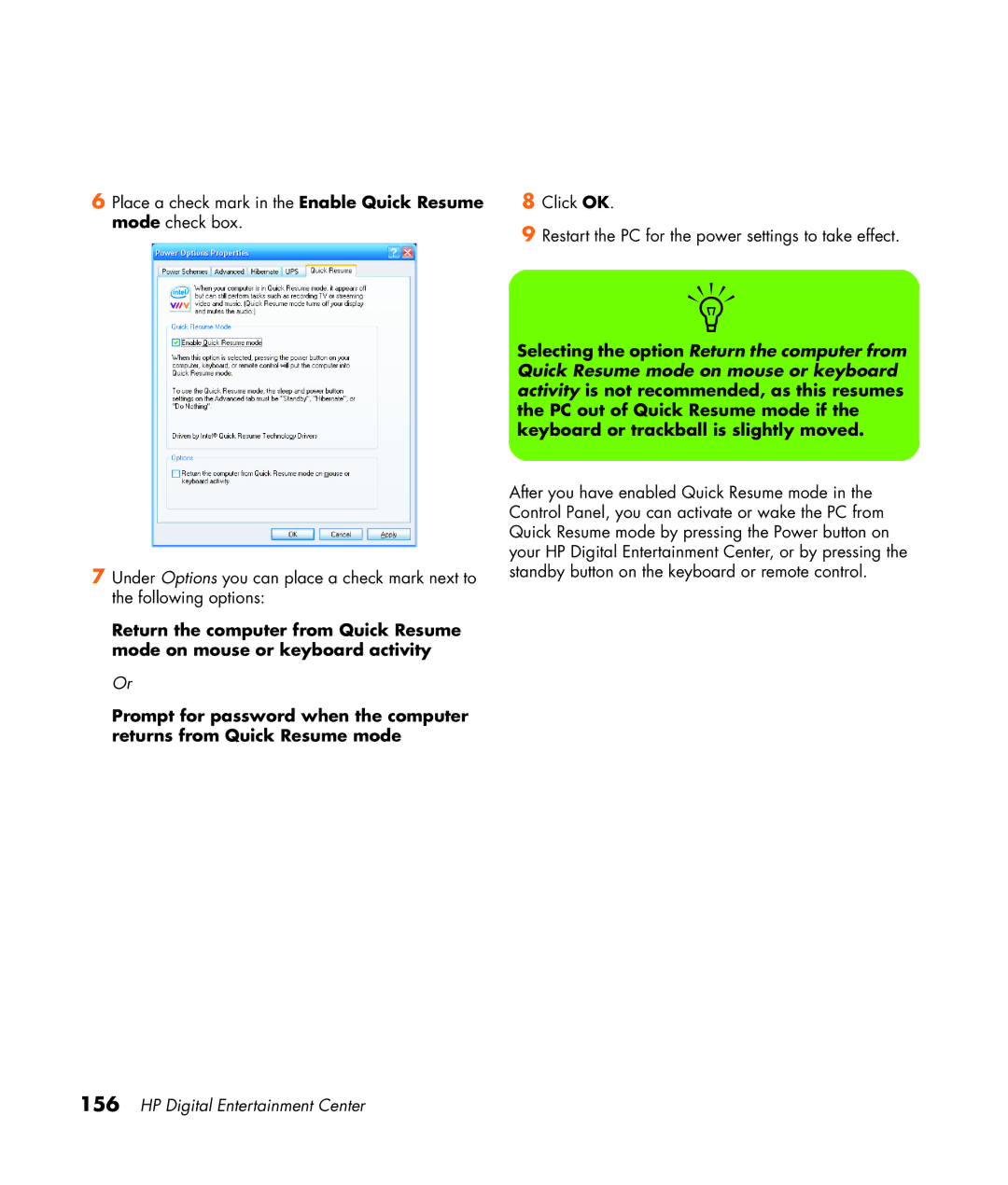 HP 2307890A manual Place a check mark in the Enable Quick Resume 