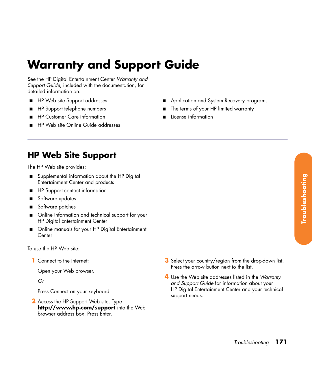 HP 2307890A manual Warranty and Support Guide, HP Web Site Support 