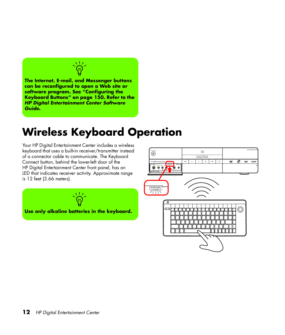 HP 2307890A manual Wireless Keyboard Operation, Use only alkaline batteries in the keyboard 