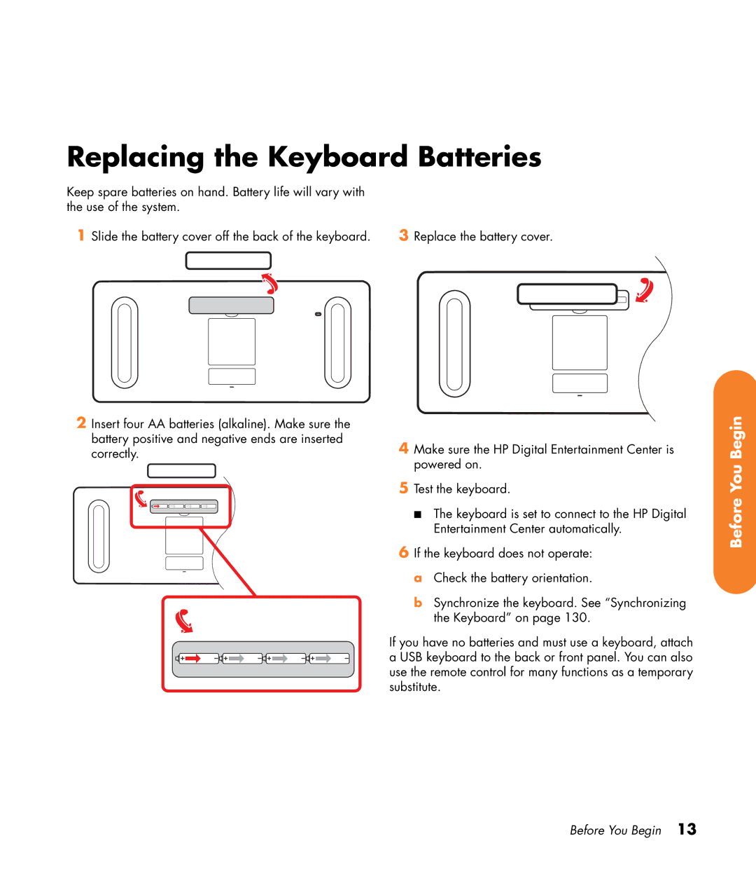 HP 2307890A manual Replacing the Keyboard Batteries 